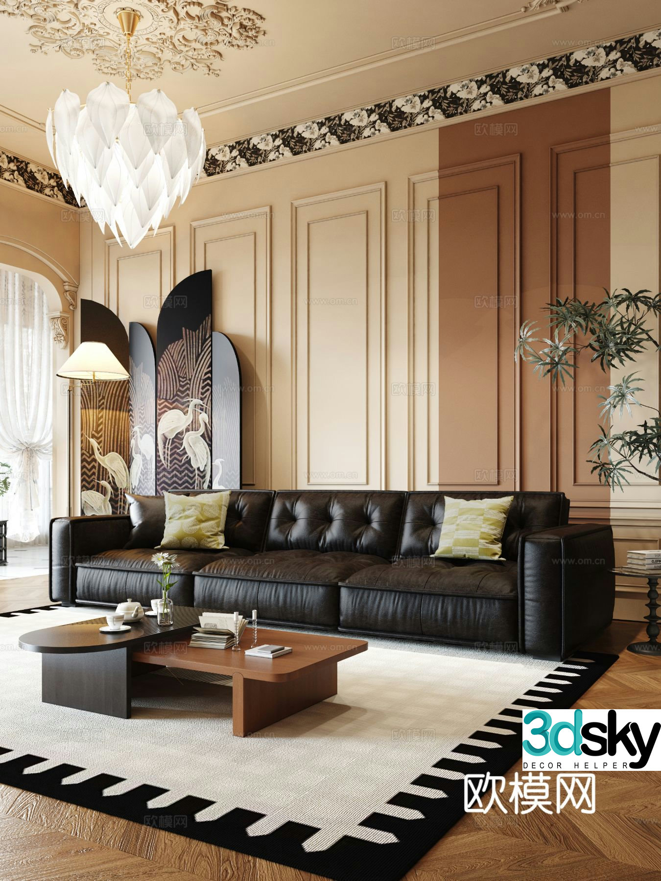 French leather sofa three-seat sofa 3d model