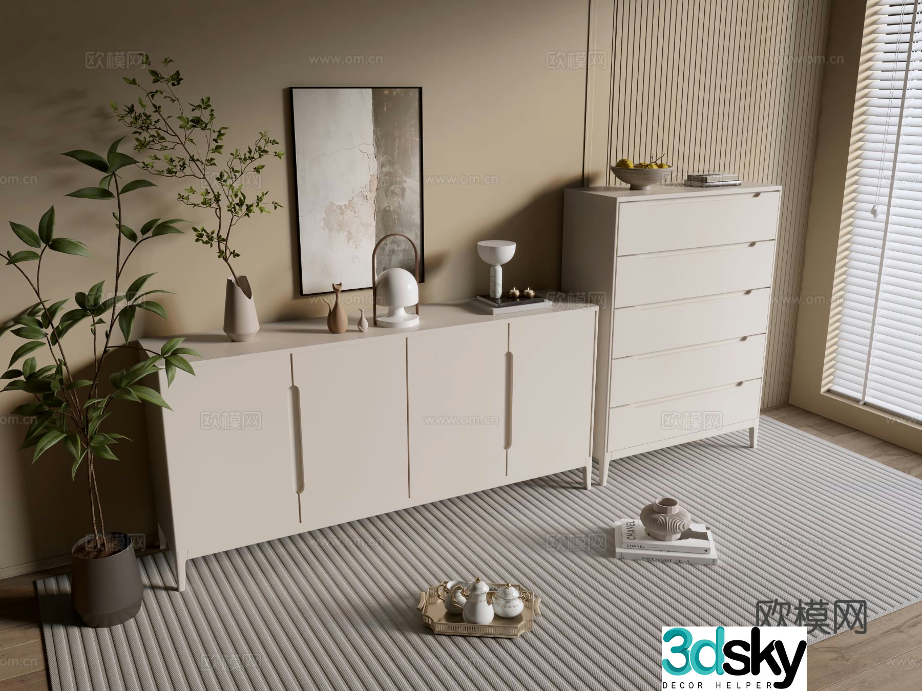 Cream style entrance cabinet side cabinet 3D model