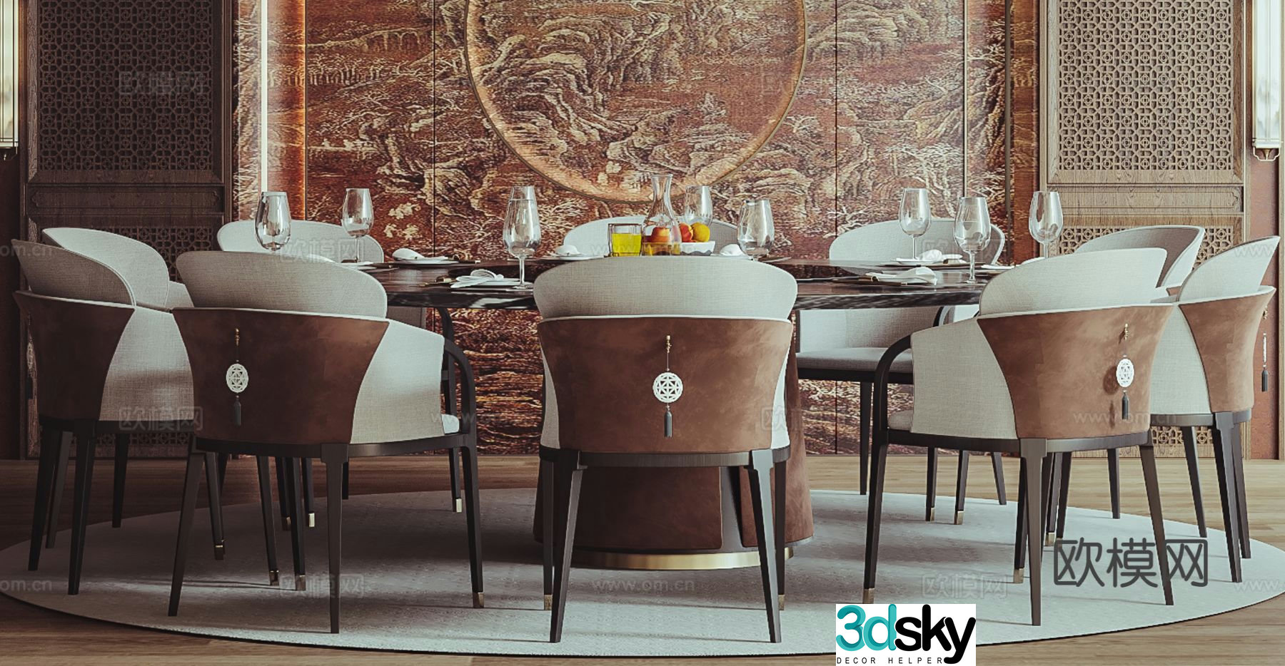 New Chinese dining table and chairs 3d model