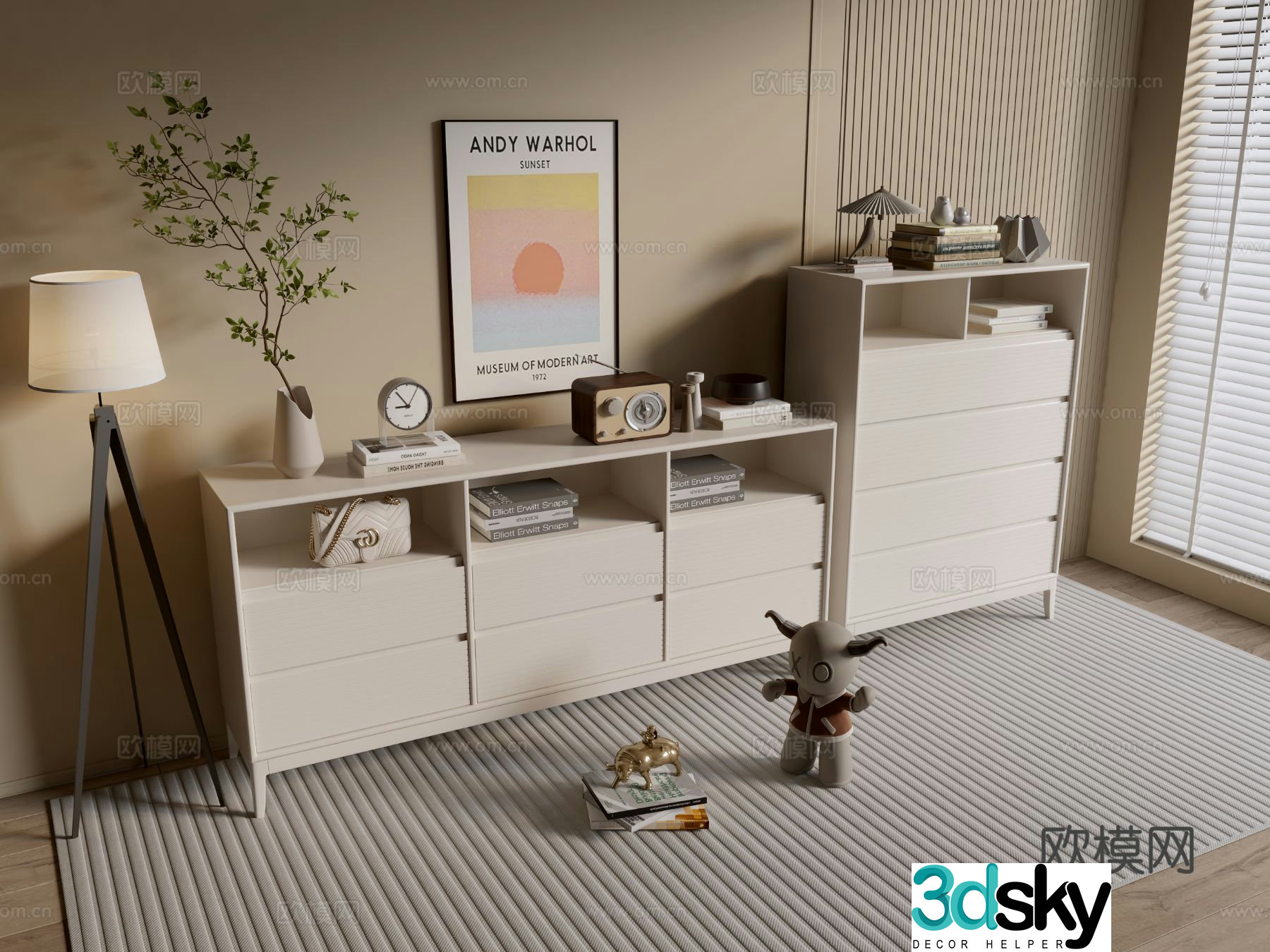 Cream style chest of drawers side cabinet 3d model