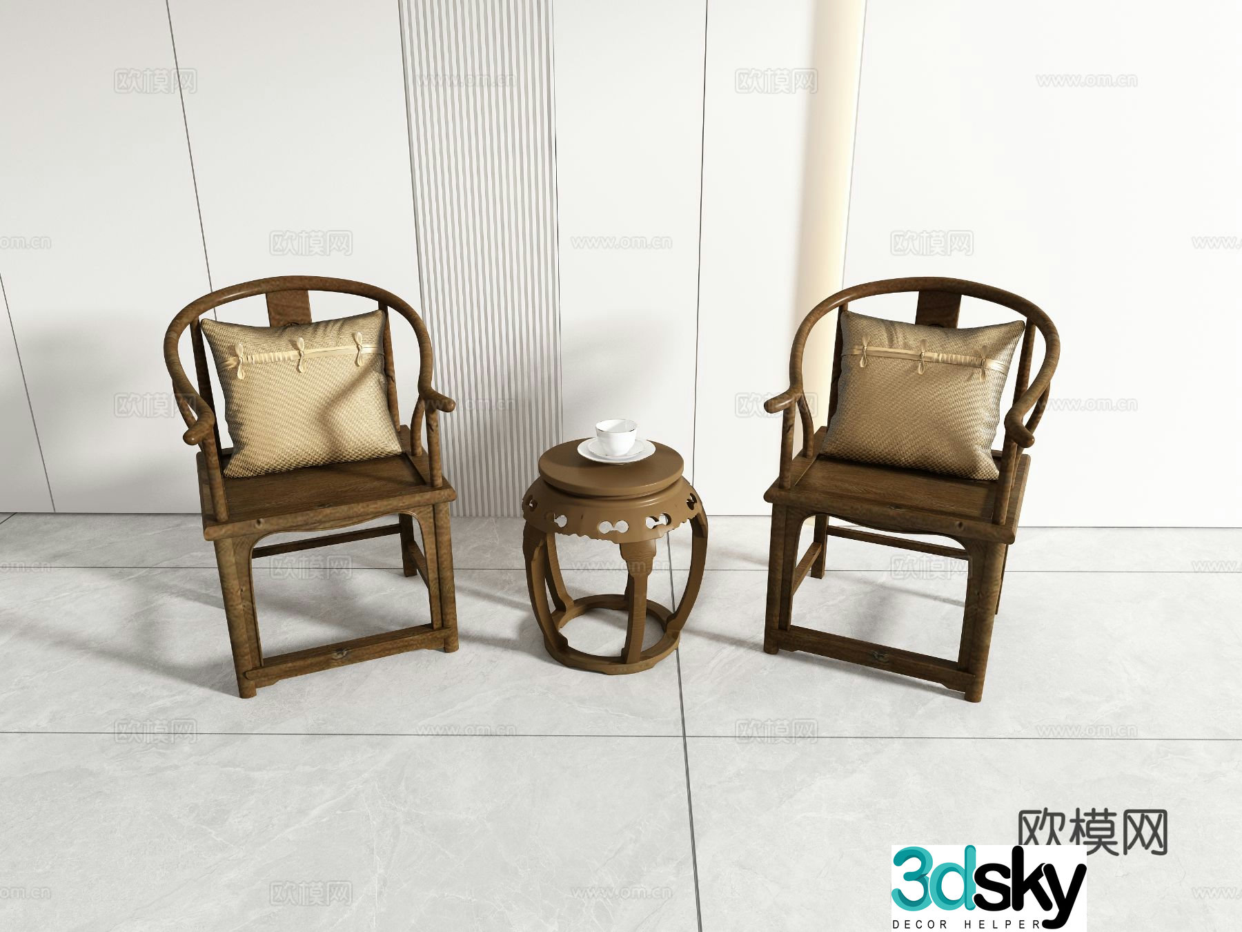 Chinese leisure chair armchair corner table 3D model