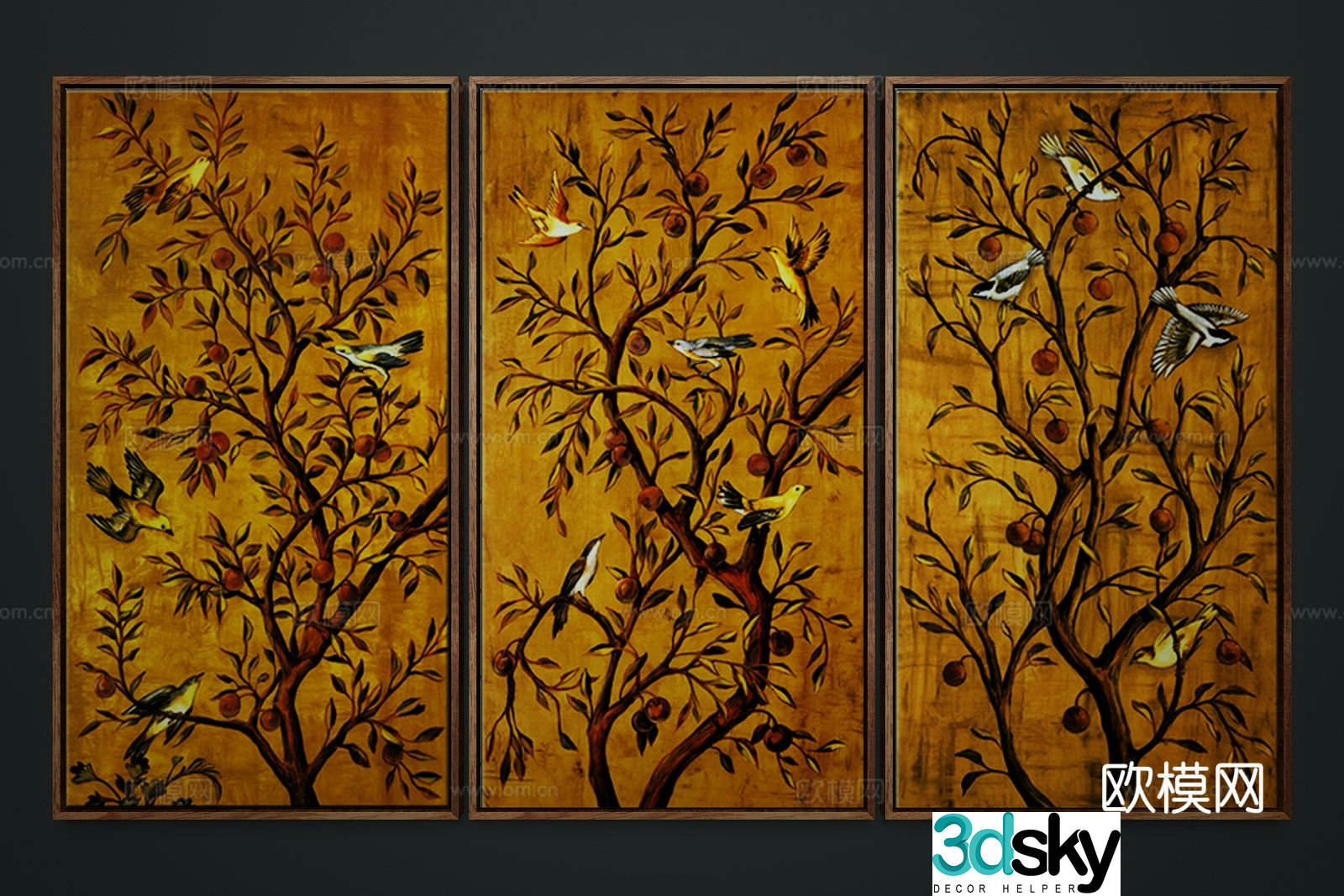 New Chinese style decorative painting flower and bird painting retro hanging painting 3D model