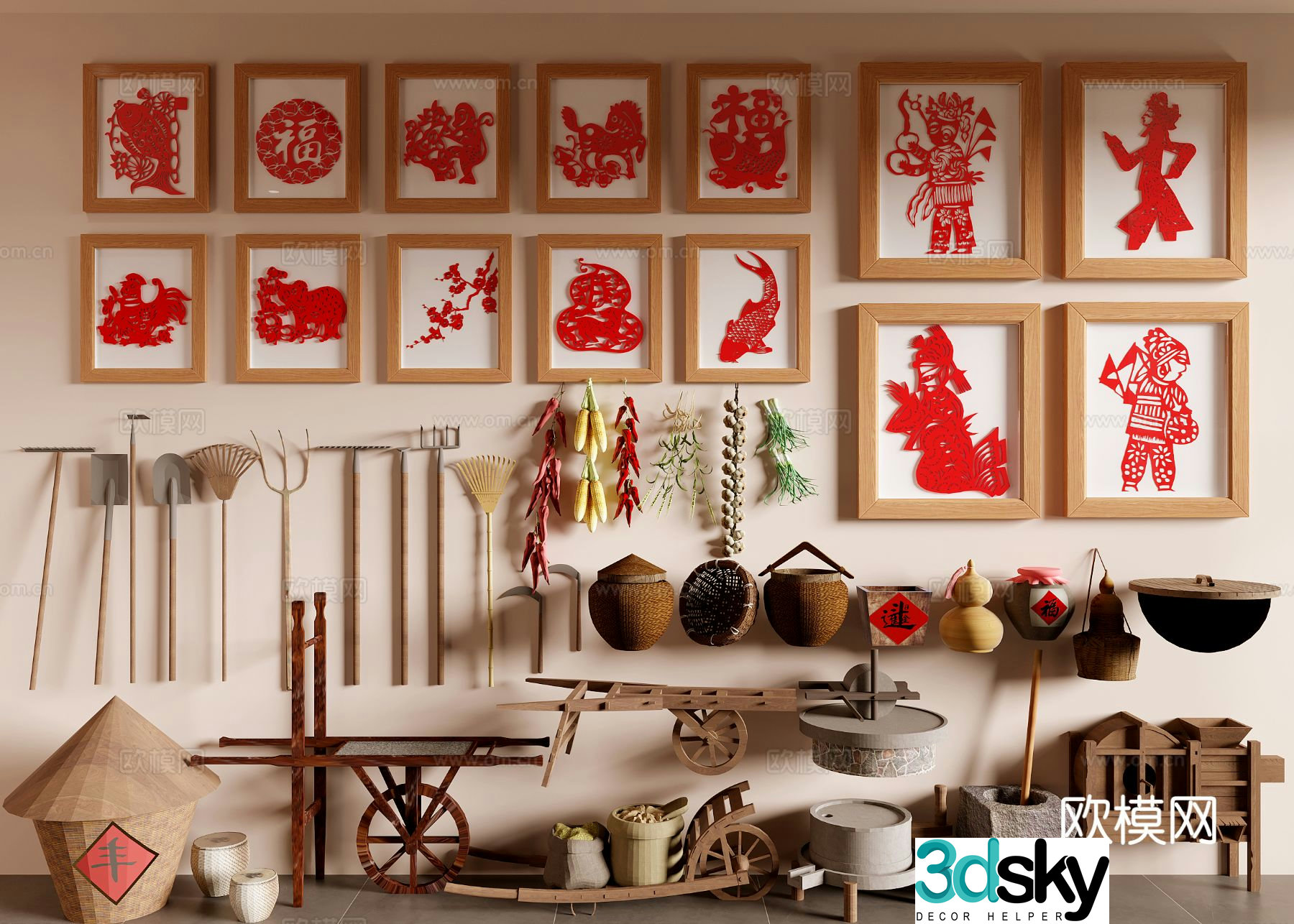 New Chinese paper-cut painting folk sketch old object 3D model