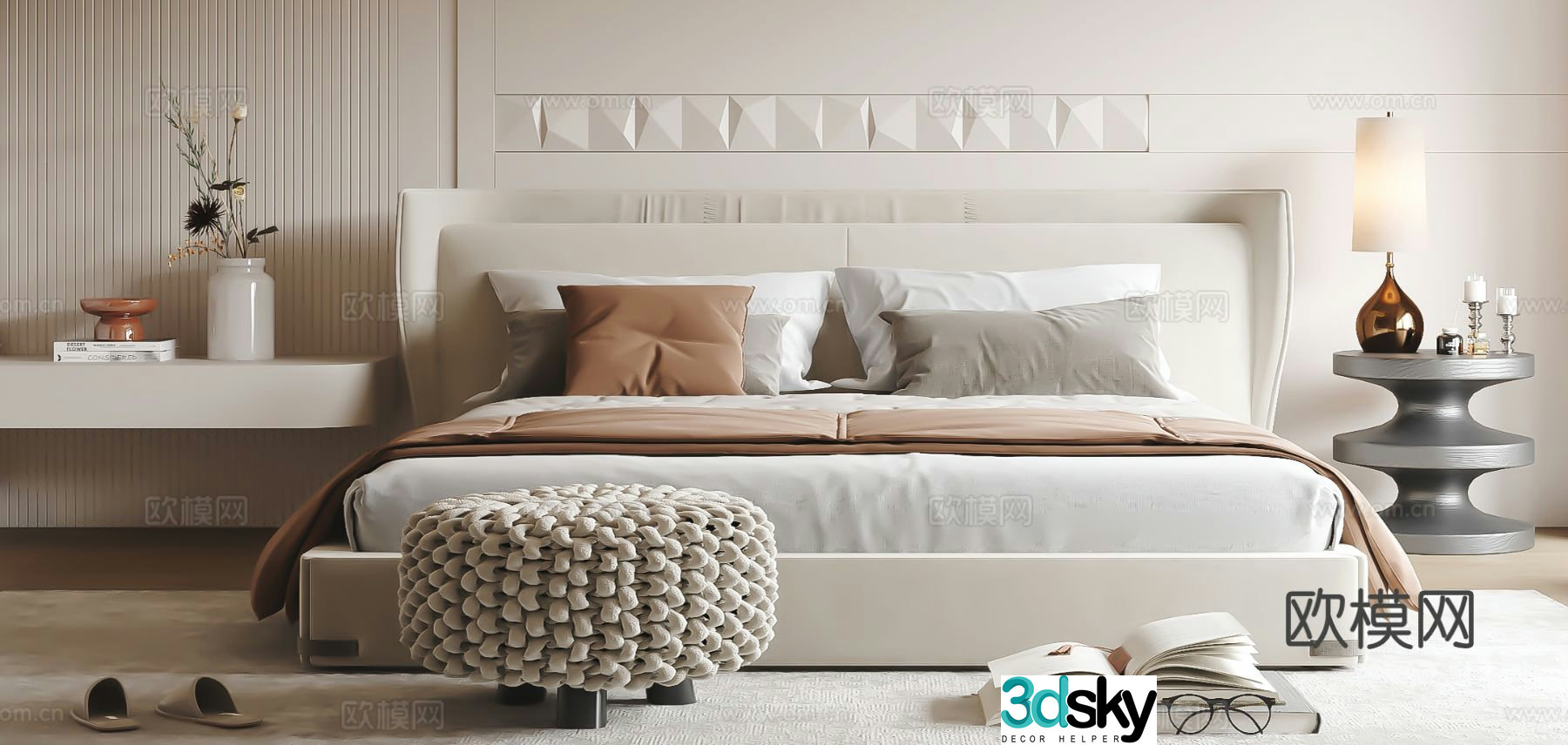 Cream style double bed 3d model