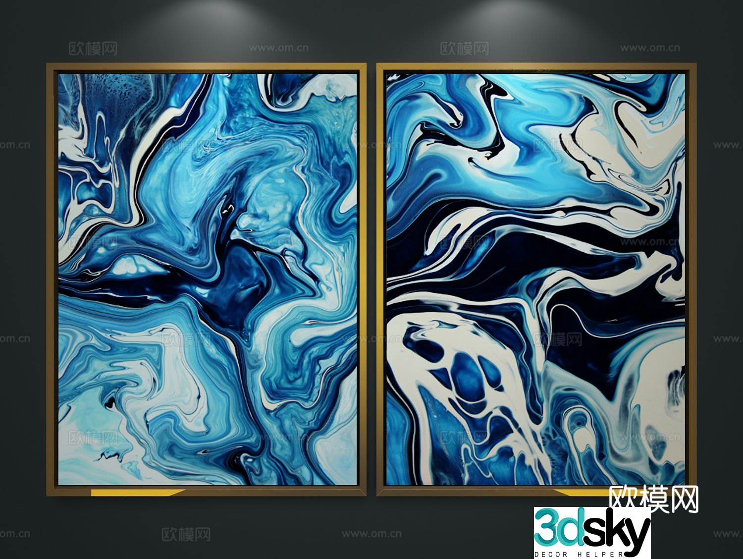New Chinese style decorative painting blue abstract painting 3d model