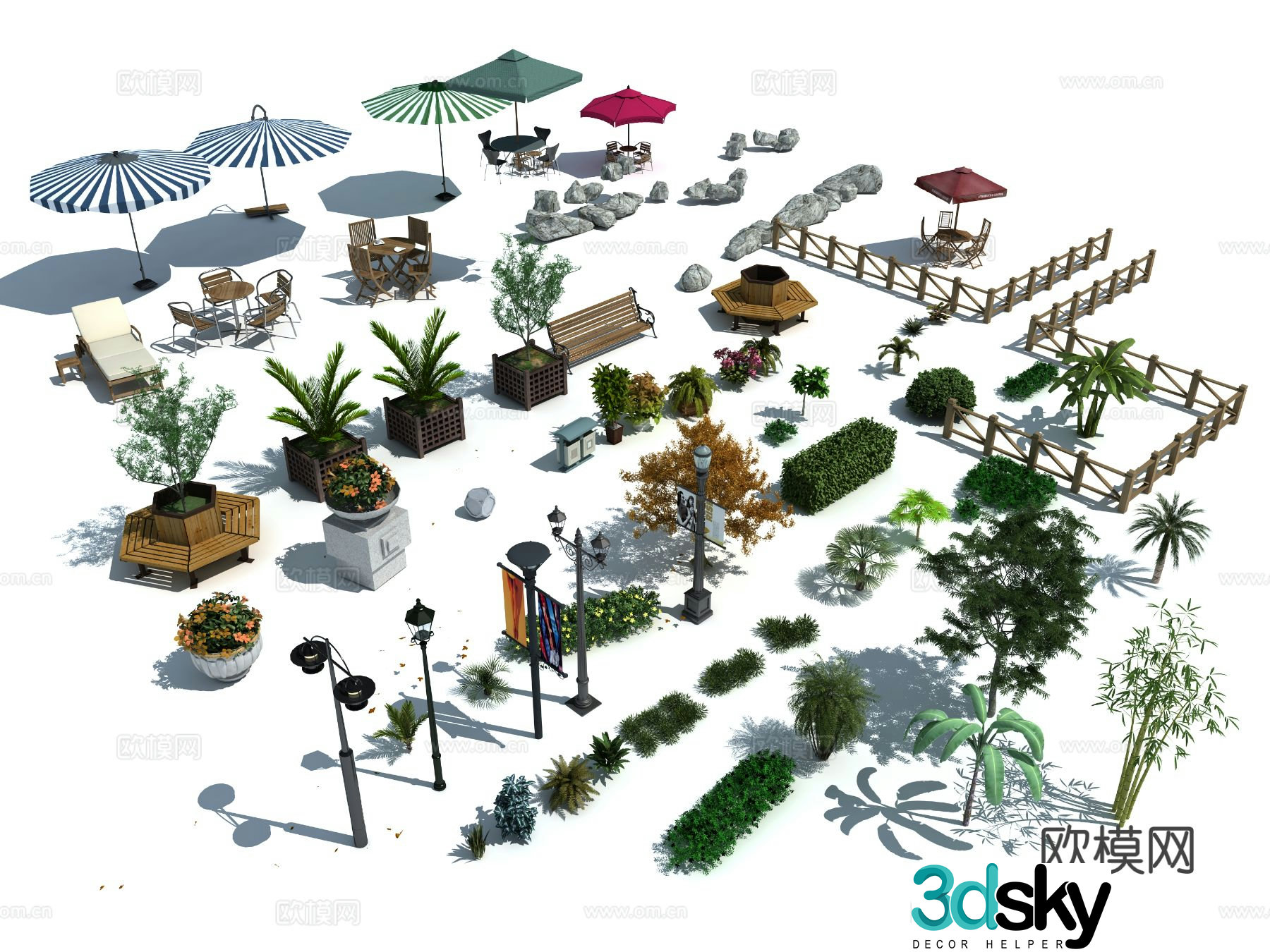Modern flowers and plants street lights landscape lights urban sketch 3D model