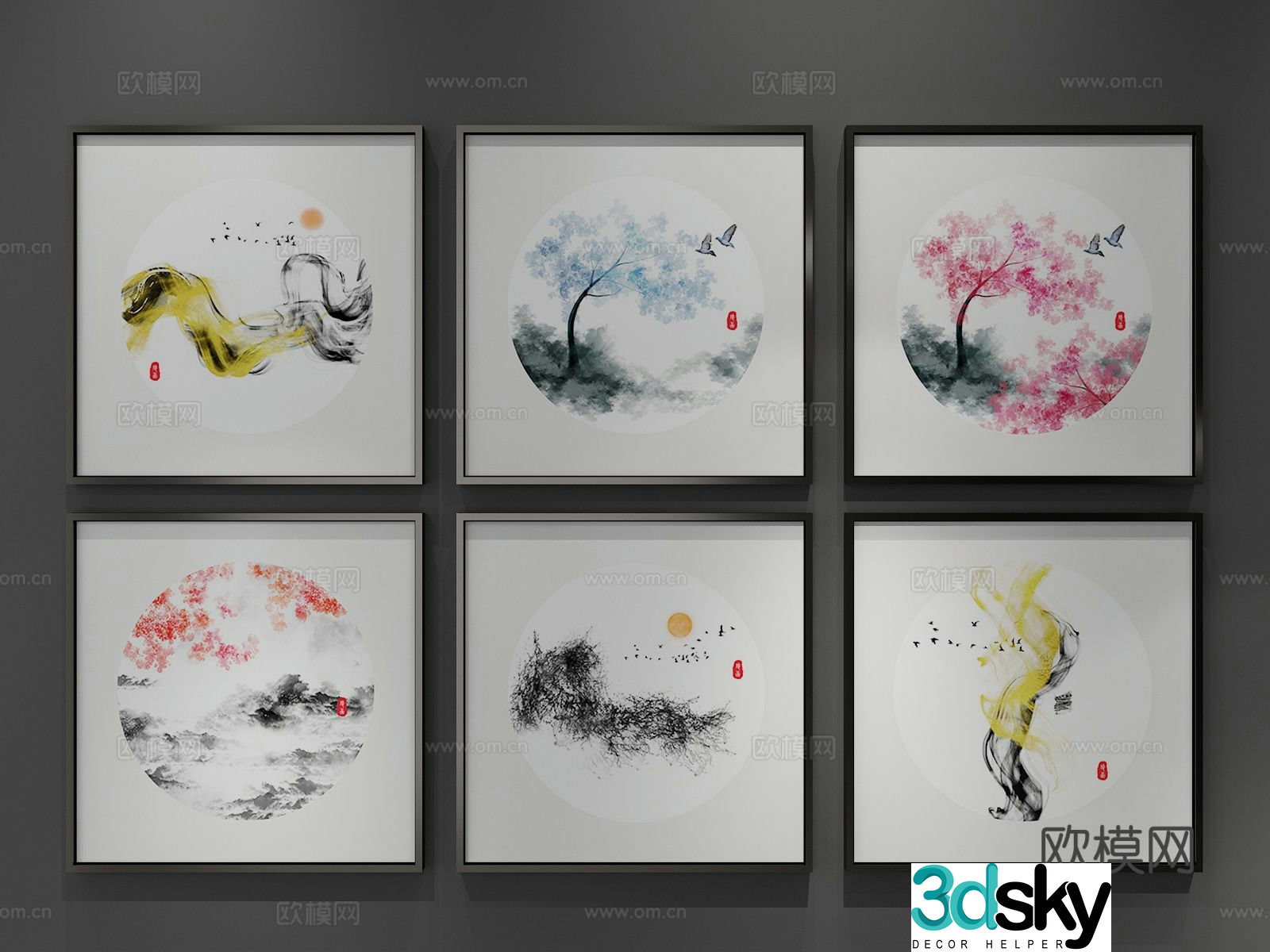 New Chinese style decorative painting ink painting hanging painting 3D model