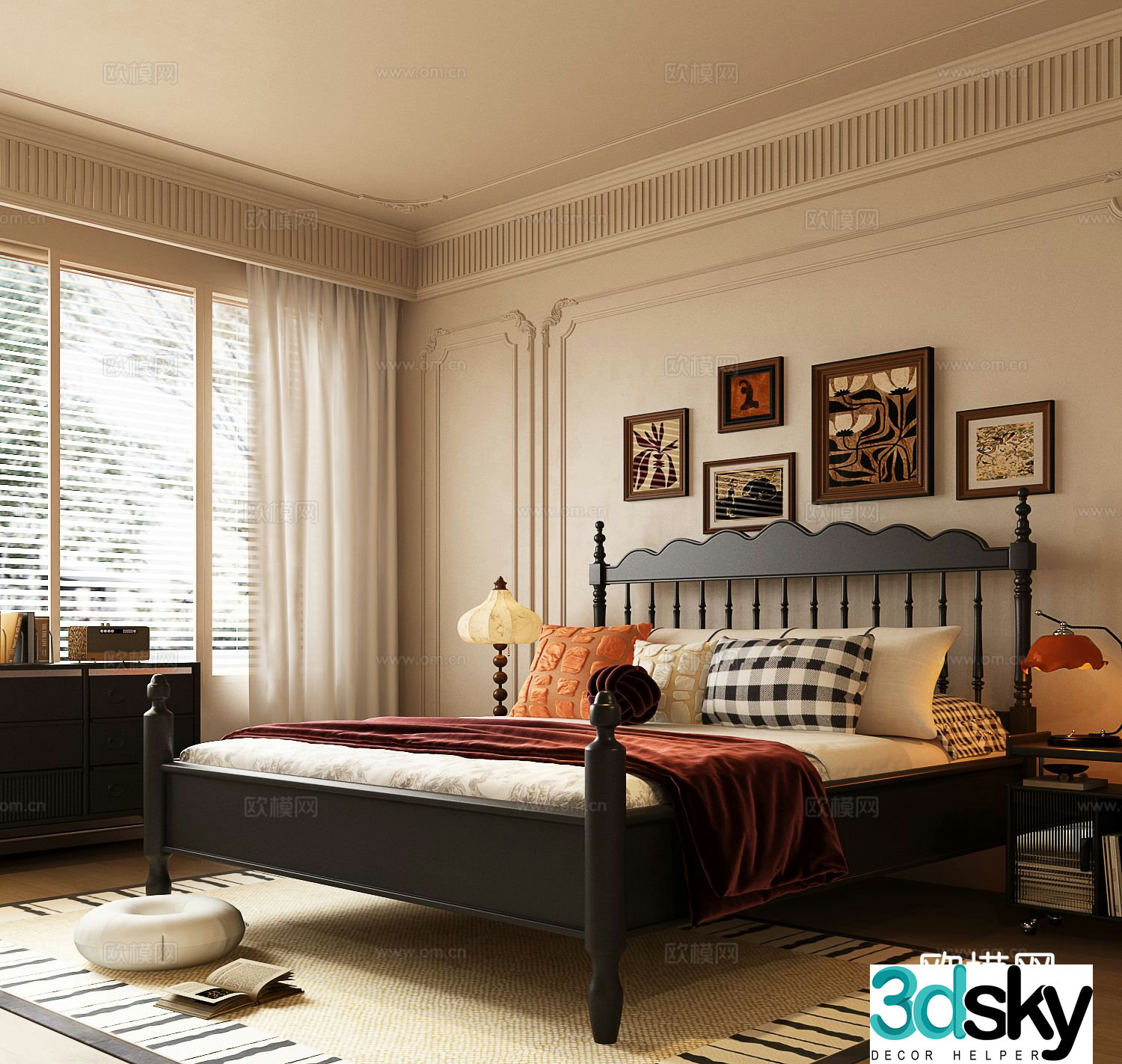 French double bed 3d model