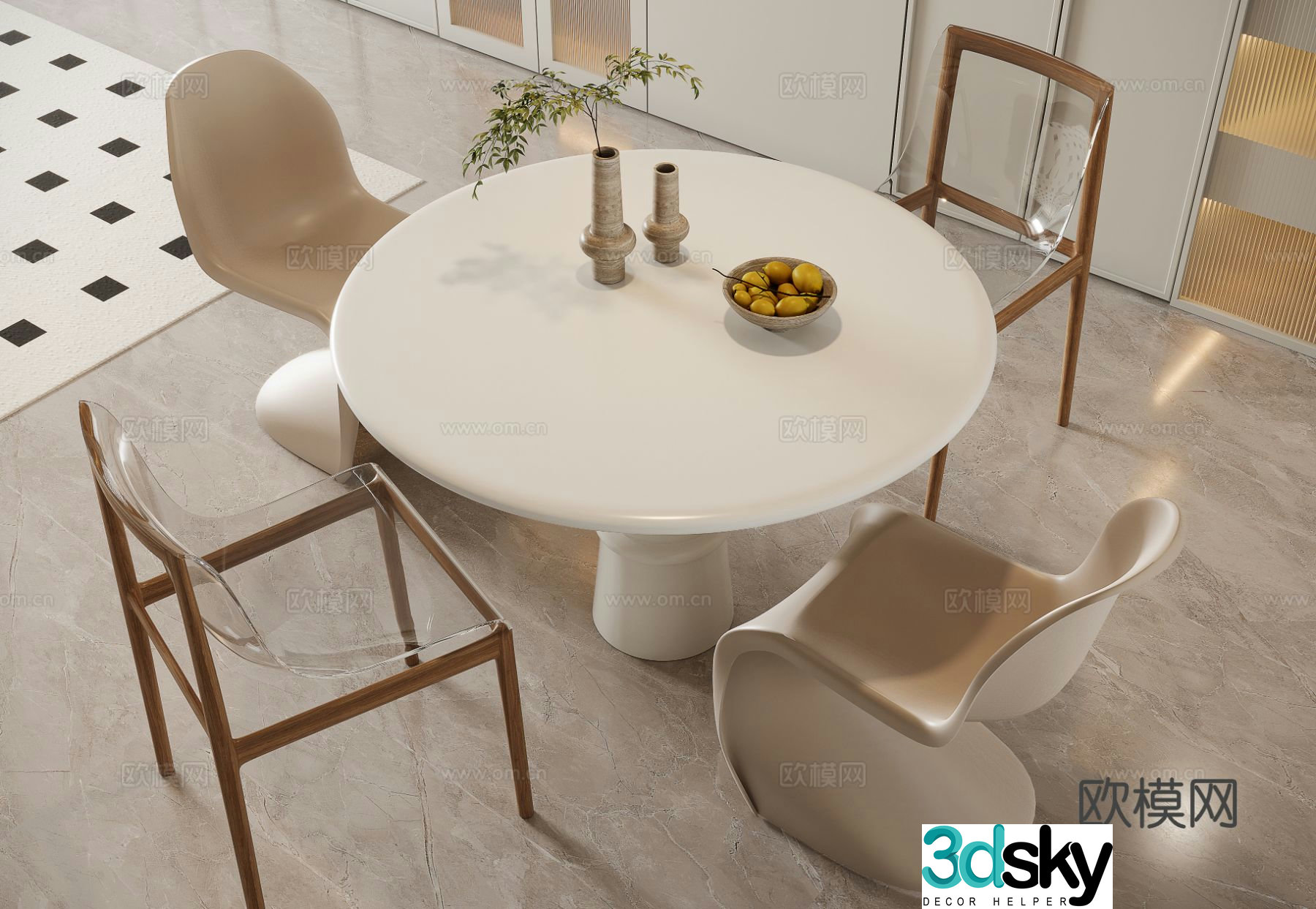 Cream style round dining table dining table and chairs 3d model