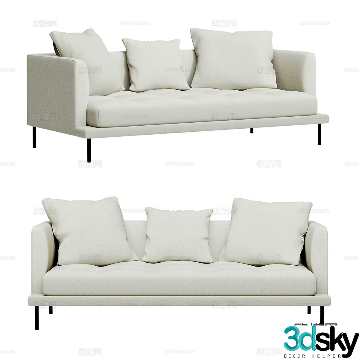 Modern three-person sofa living room sofa pillow 3D model