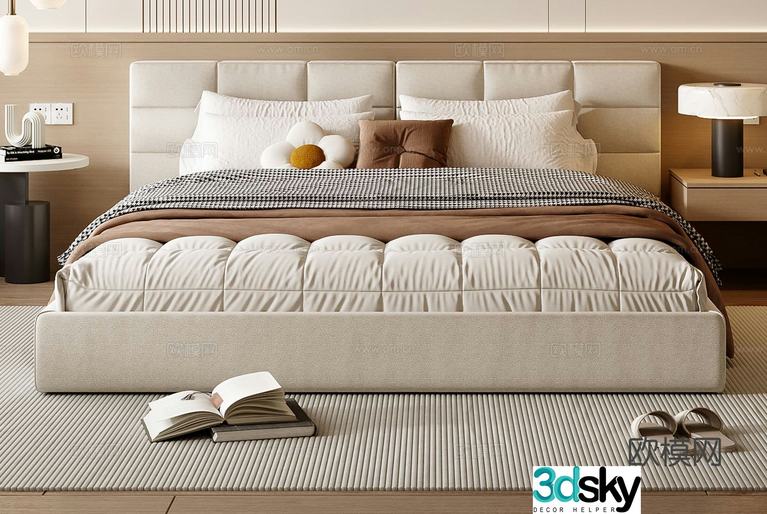 Cream style double bed 3d model