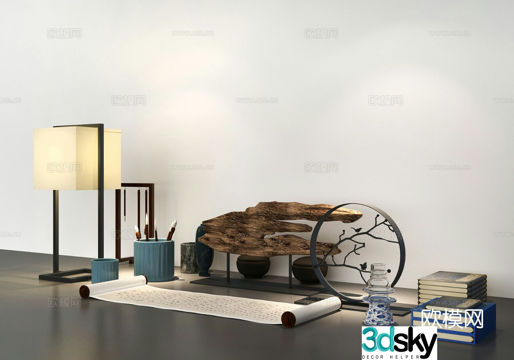 Chinese style furnishings calligraphy pen ink paper and inkstone decorations 3D model
