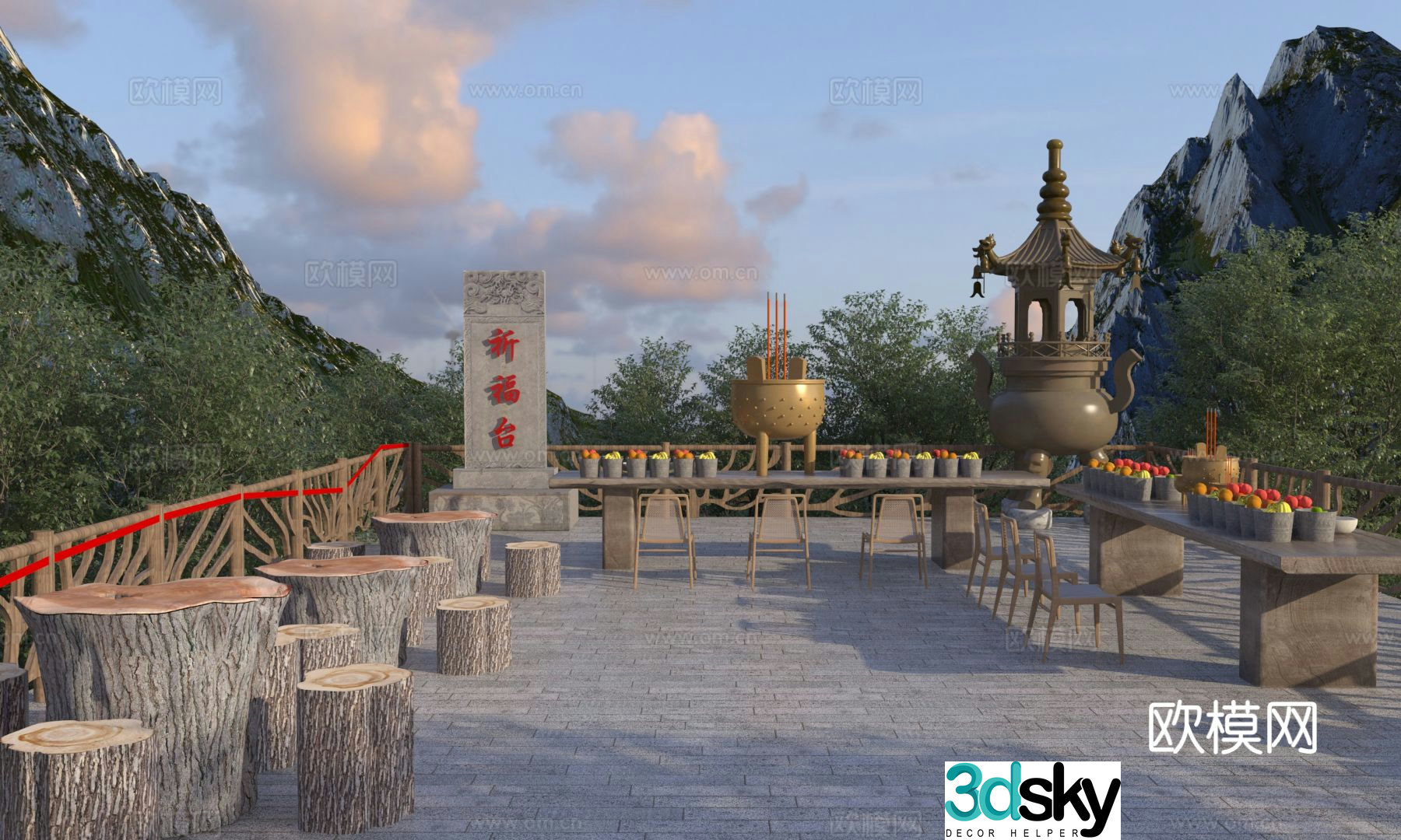 Chinese style prayer platform square landscape rooftop prayer 3D model