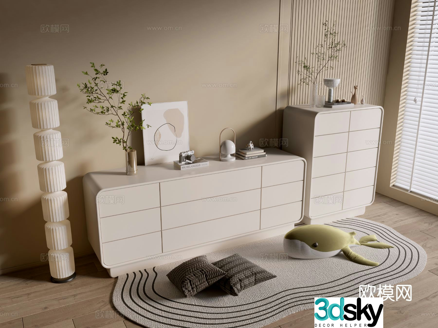 Cream style chest of drawers entrance cabinet 3d model
