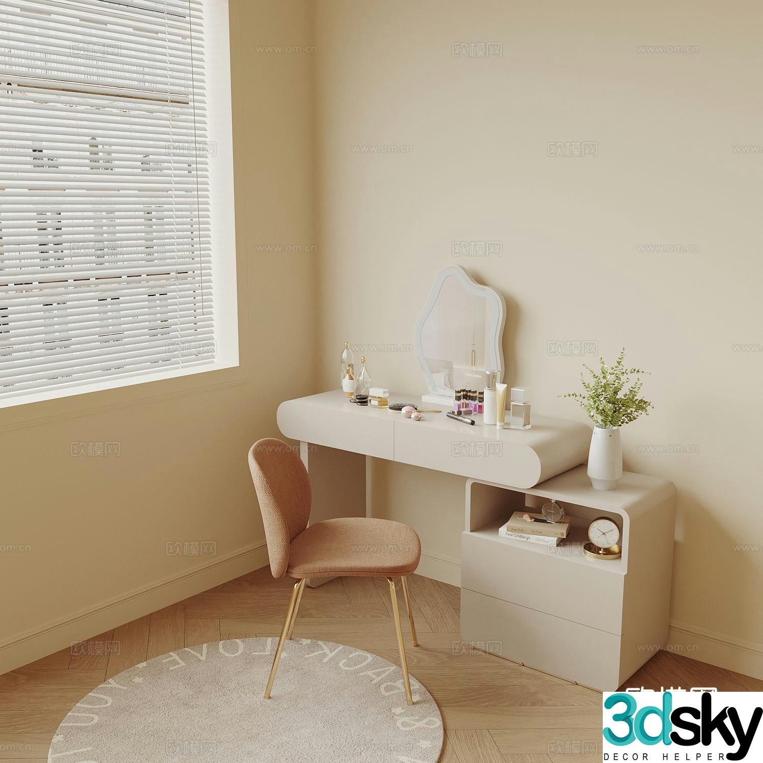 Cream style dressing table makeup table 3d model