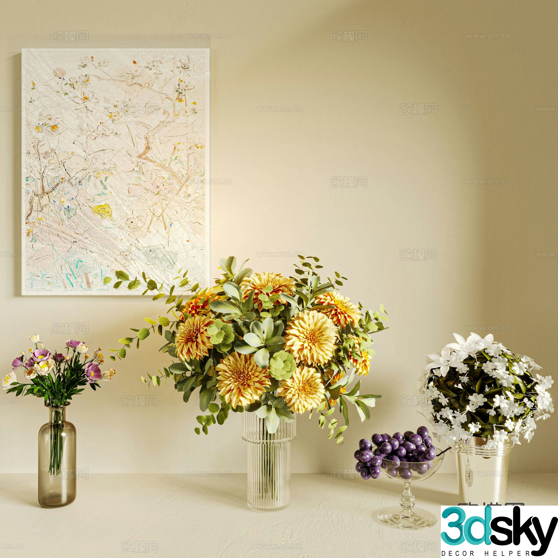 Flower vase grape fruit plate 3d model