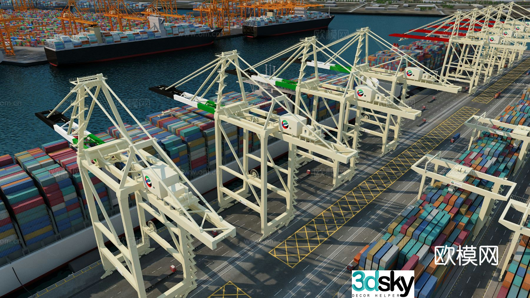 Modern terminal container tower crane port scene 3d model