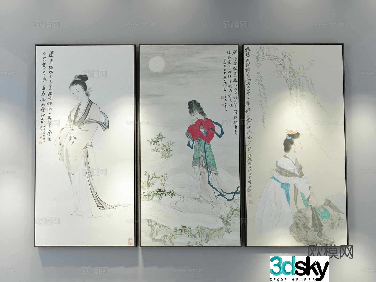 New Chinese style decorative painting figure painting hanging painting 3D model