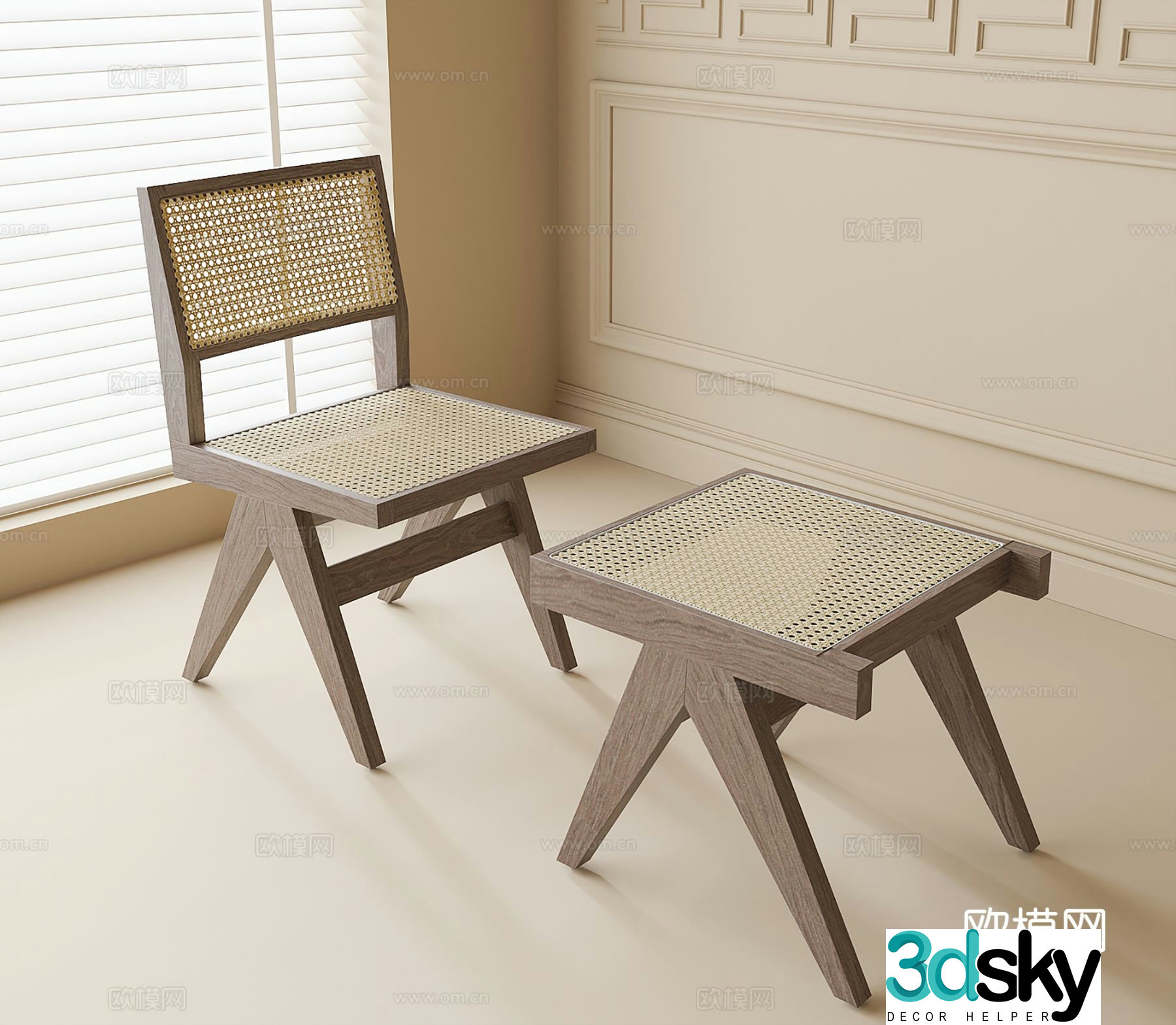 Wabi-sabi rattan single chair rattan stool 3D model