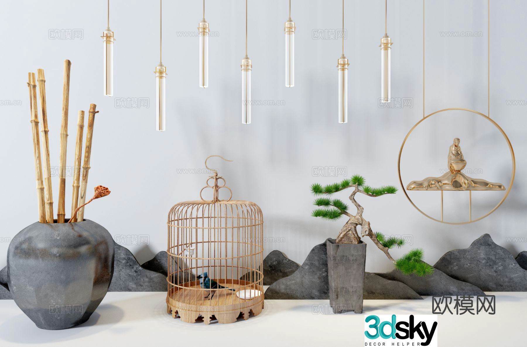 New Chinese style ornaments birdcage pine tree 3d model