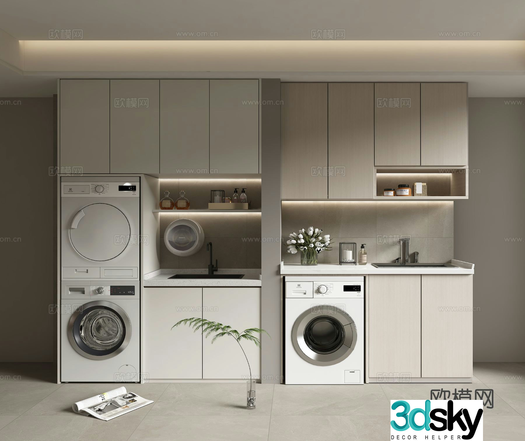 Cream style balcony cabinet washing machine cabinet 3d model