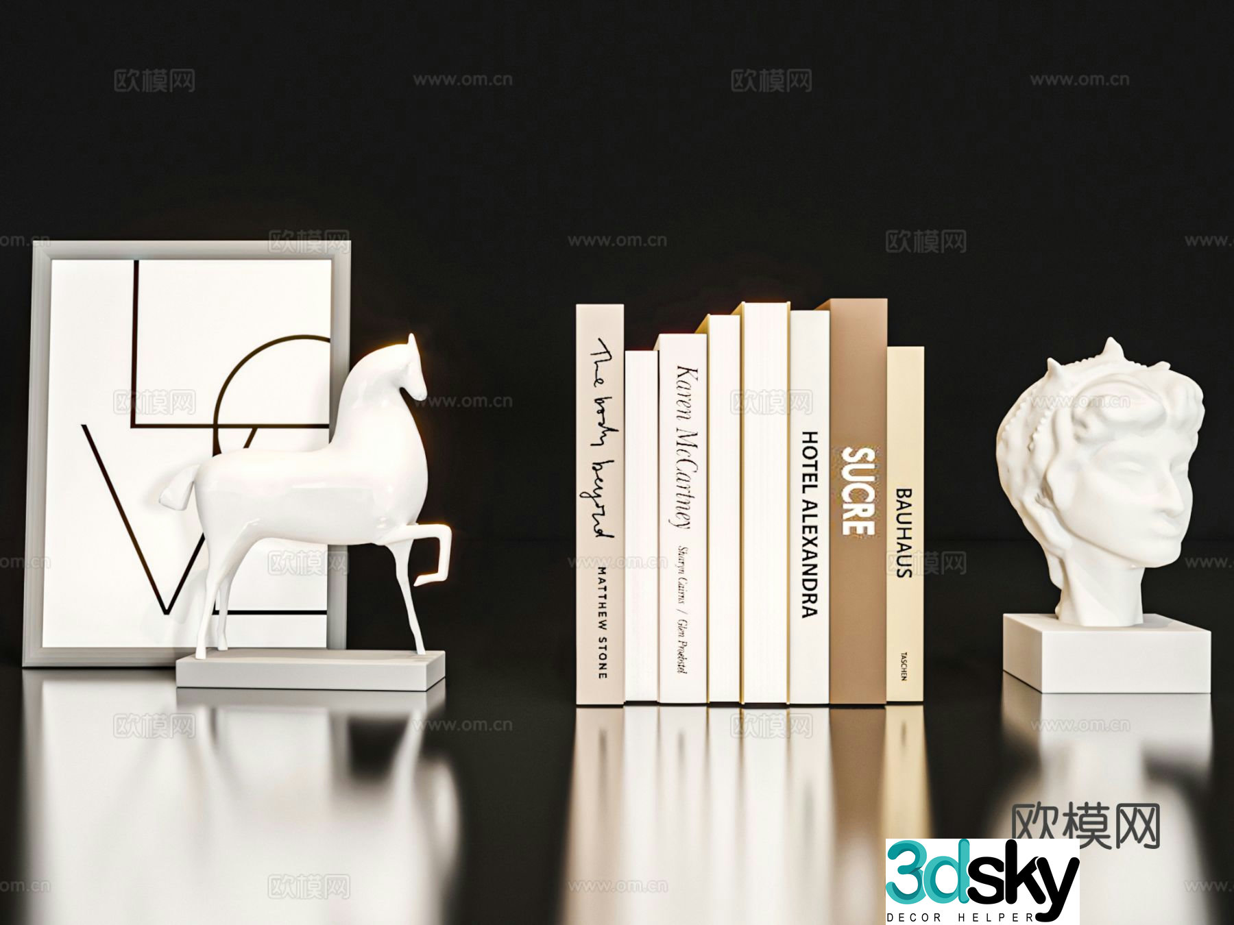 Modern jewelry ornaments photo frames books human head sculpture 3d model