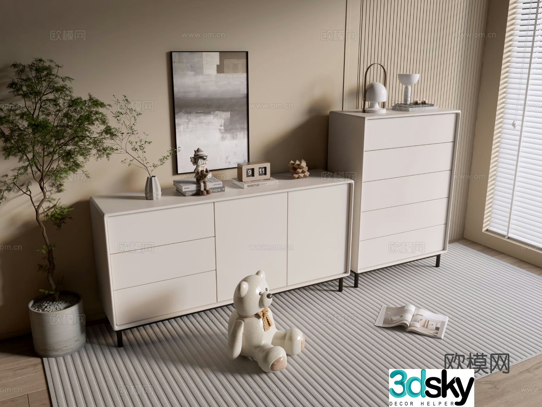 Cream style chest of drawers side cabinet 3d model