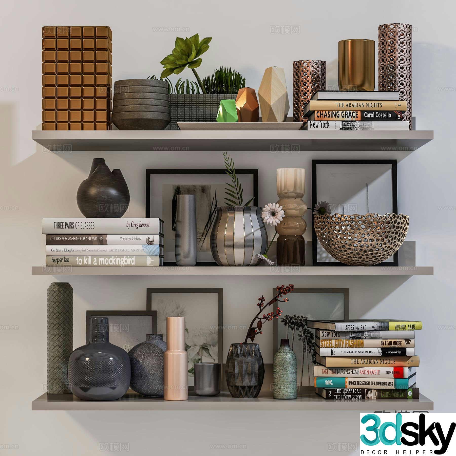 Modern decorations ornaments paintings books sculptures 3D model