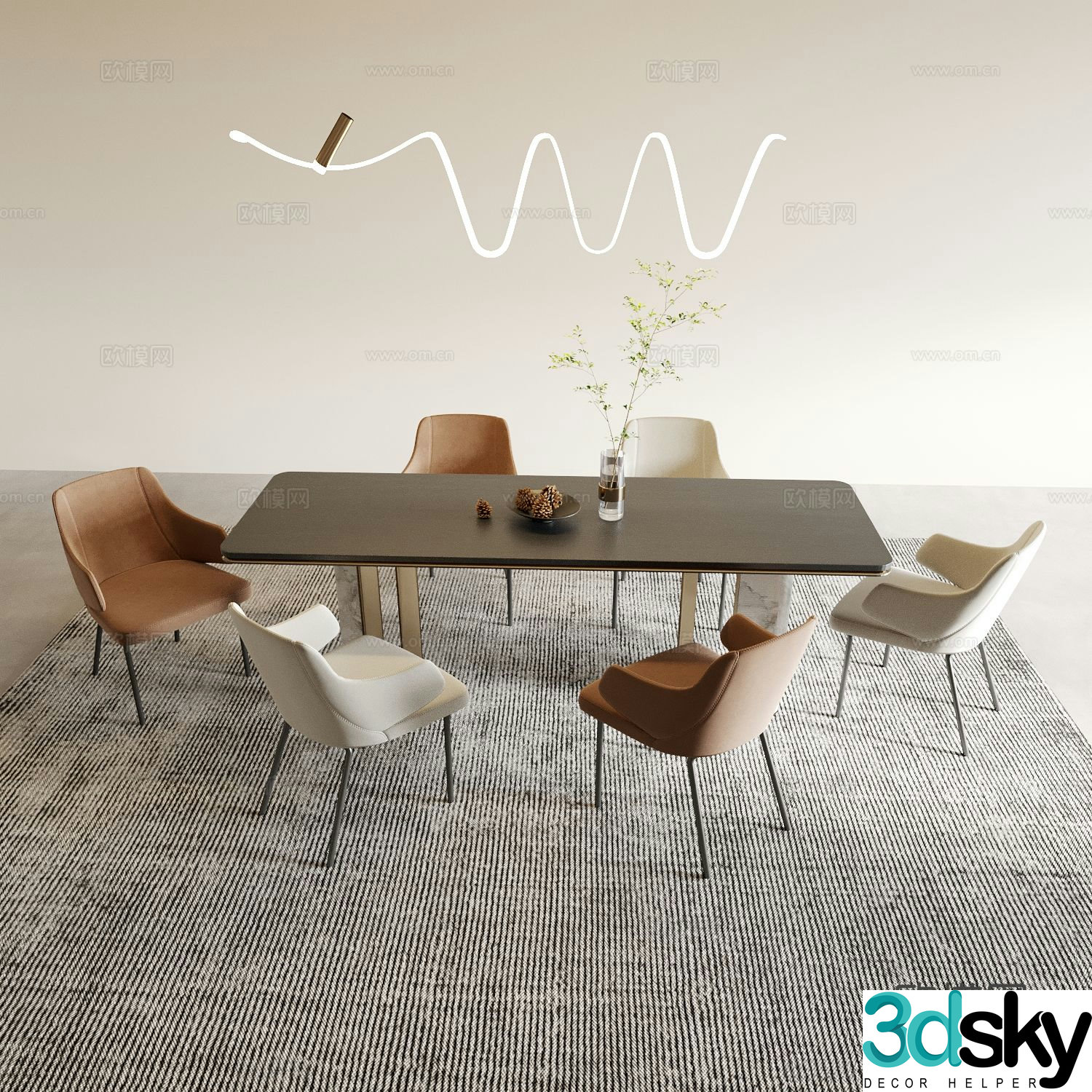 Italian dining table and chairs strip dining table 3d model