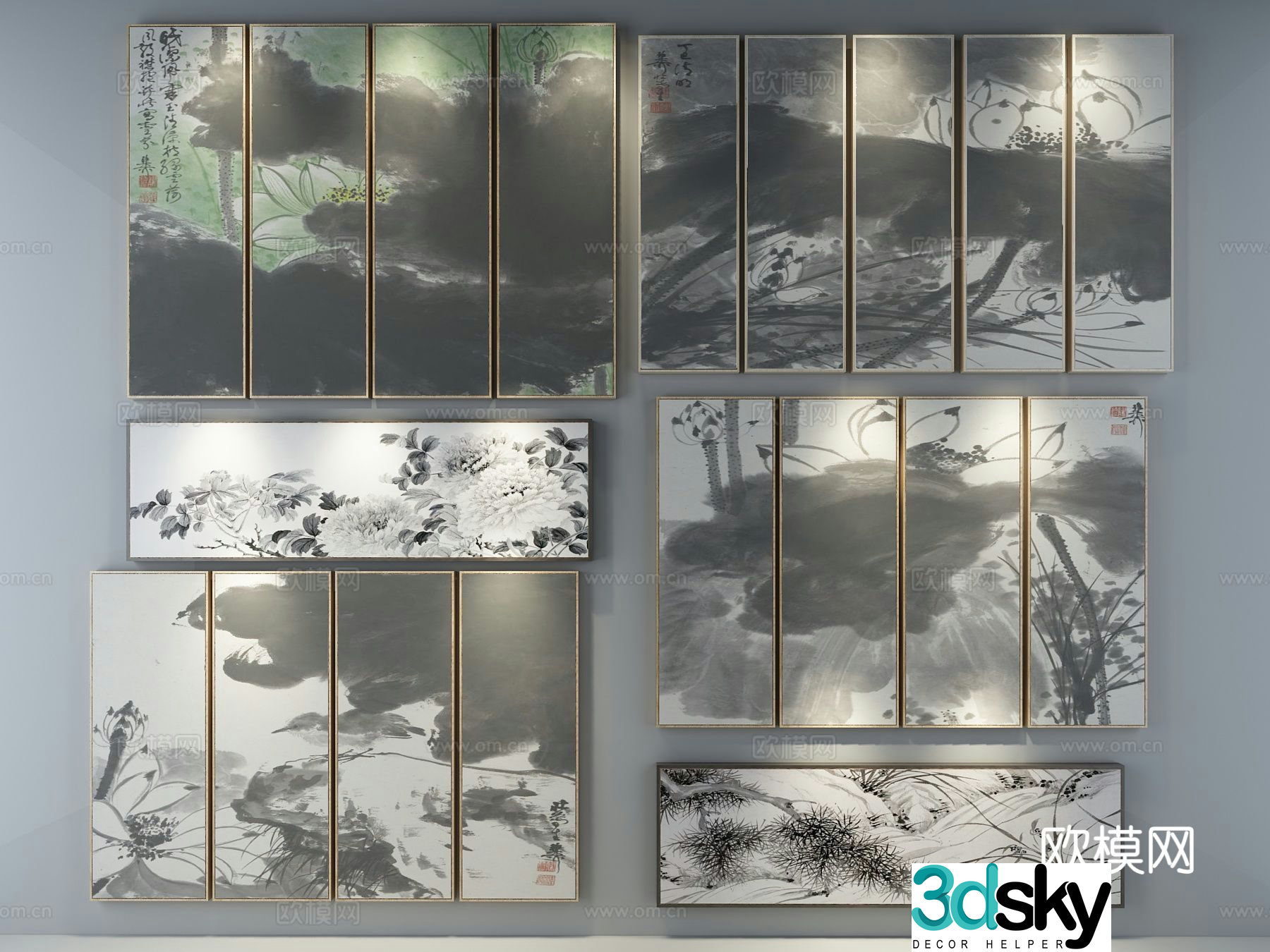 New Chinese style ink painting decorative painting 3D model