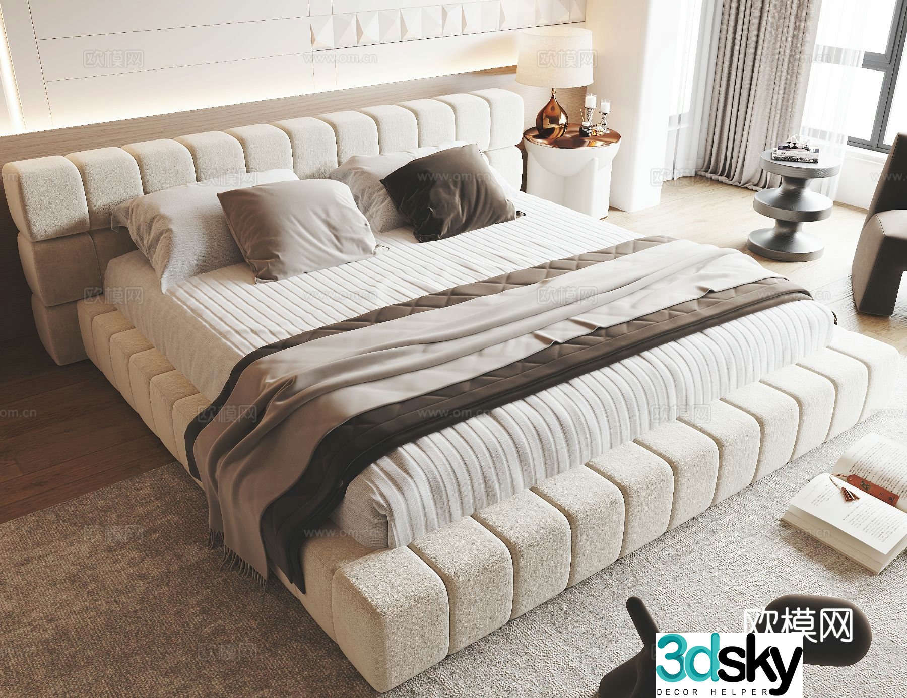 Cream style double bed 3d model