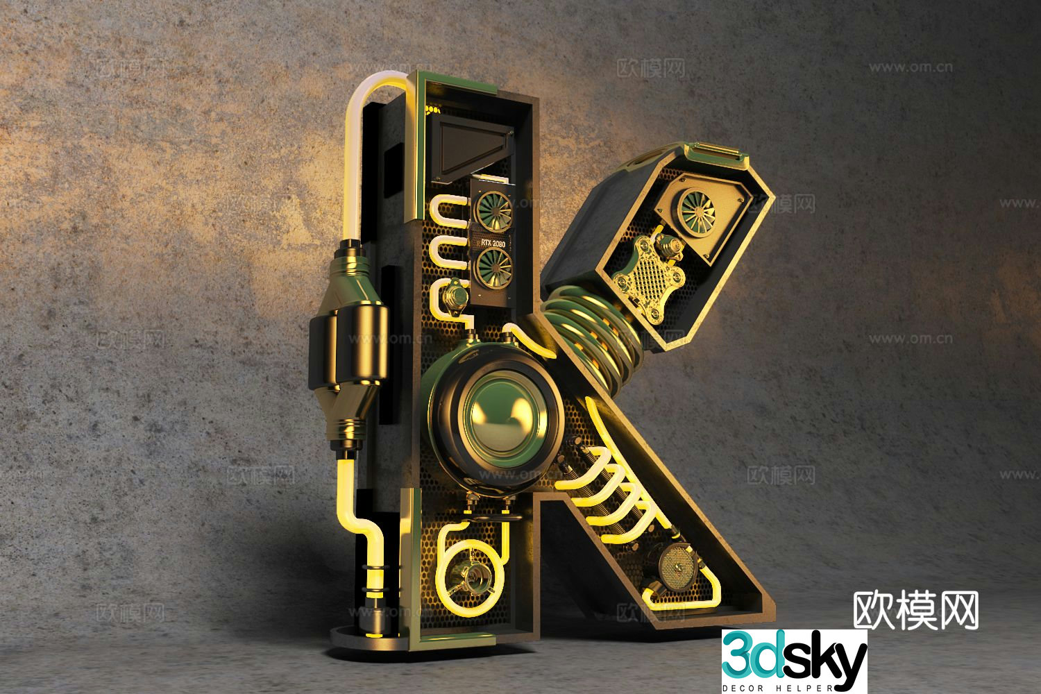 Industrial style water-cooled letter K art installation 3D model