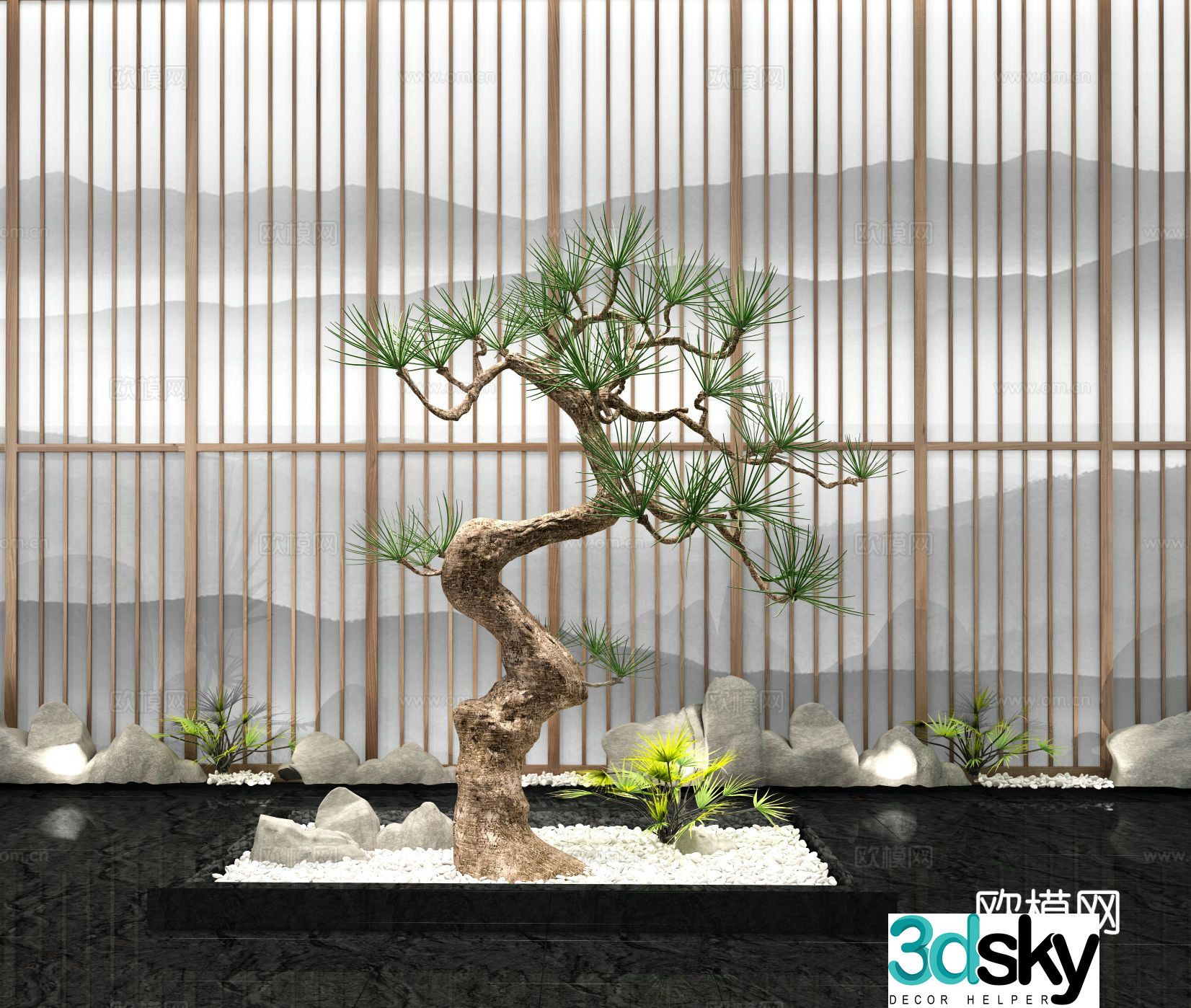 New Chinese style courtyard pine tree landscaping 3D model