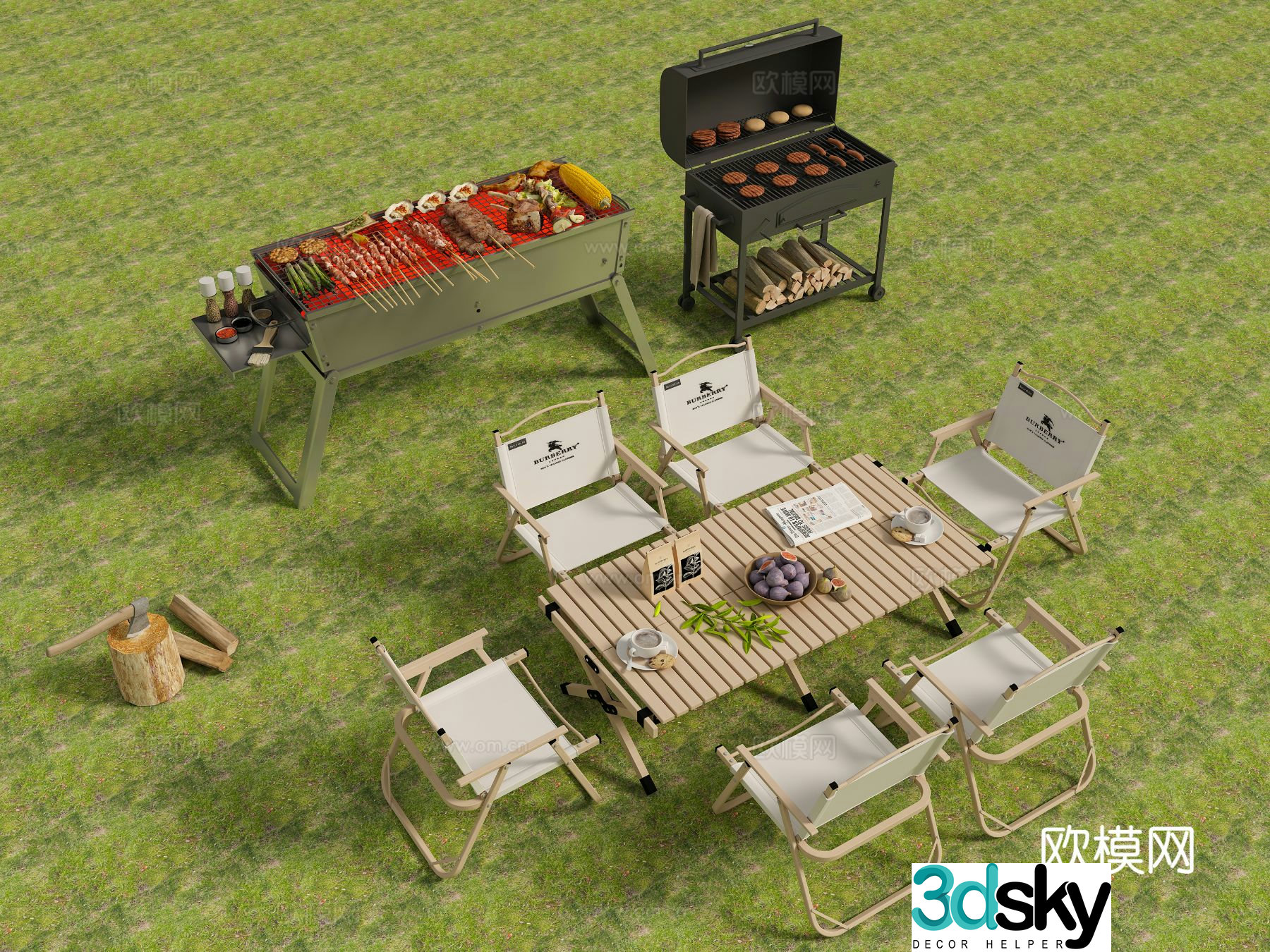 Outdoor tables and chairs camping tables and chairs barbecue grill 3d model