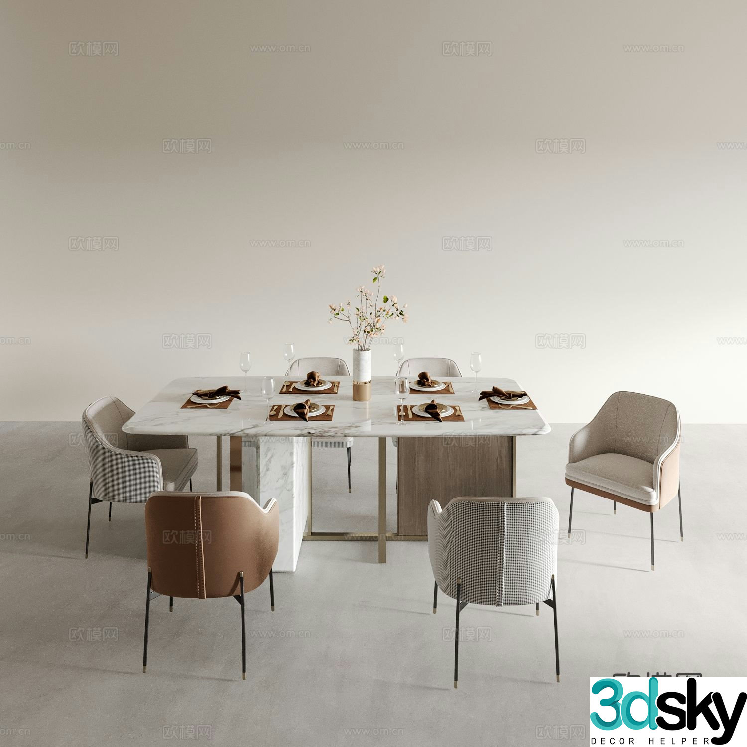 Light luxury dining table and chairs Marble dining table 3D model