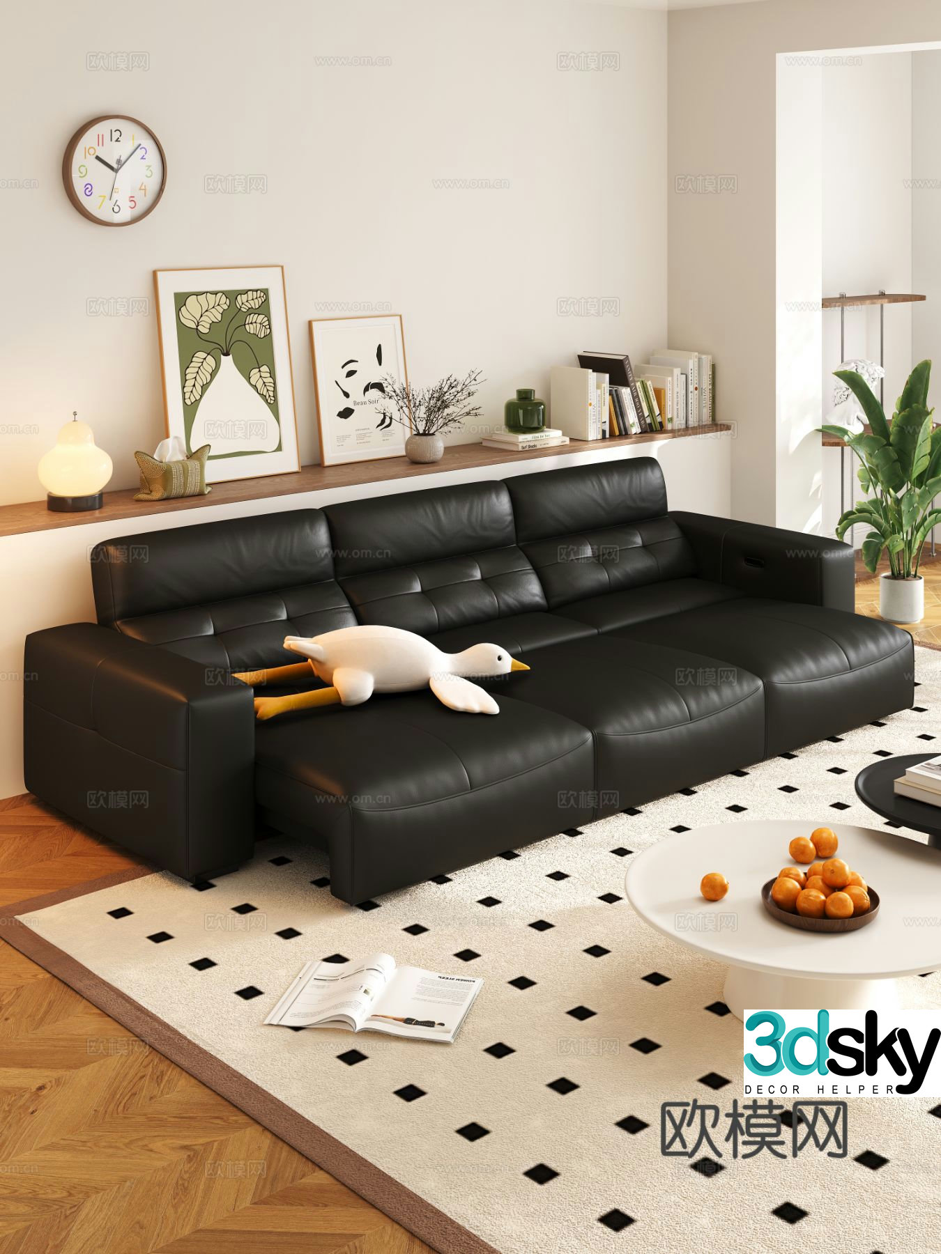 Modern three-seat sofa leather sofa 3d model