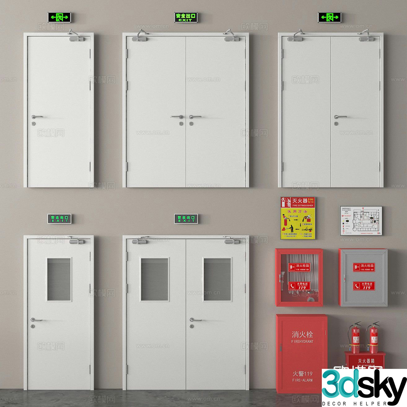 Fire equipment fire door safety door fire hydrant fire extinguisher 3d model