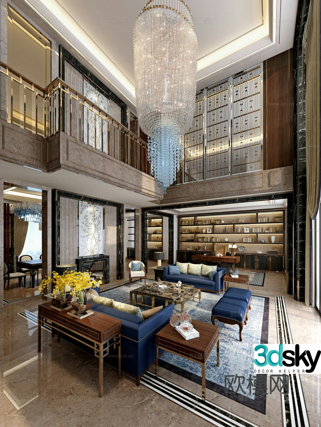 New Chinese style villa living room 3d model of villa lobby