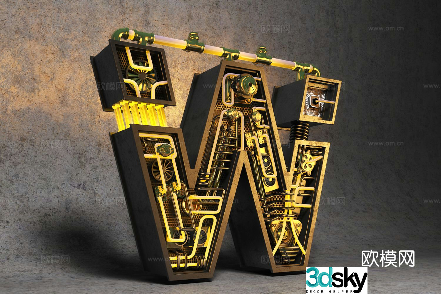 Industrial style water-cooled letter B art installation 3d model