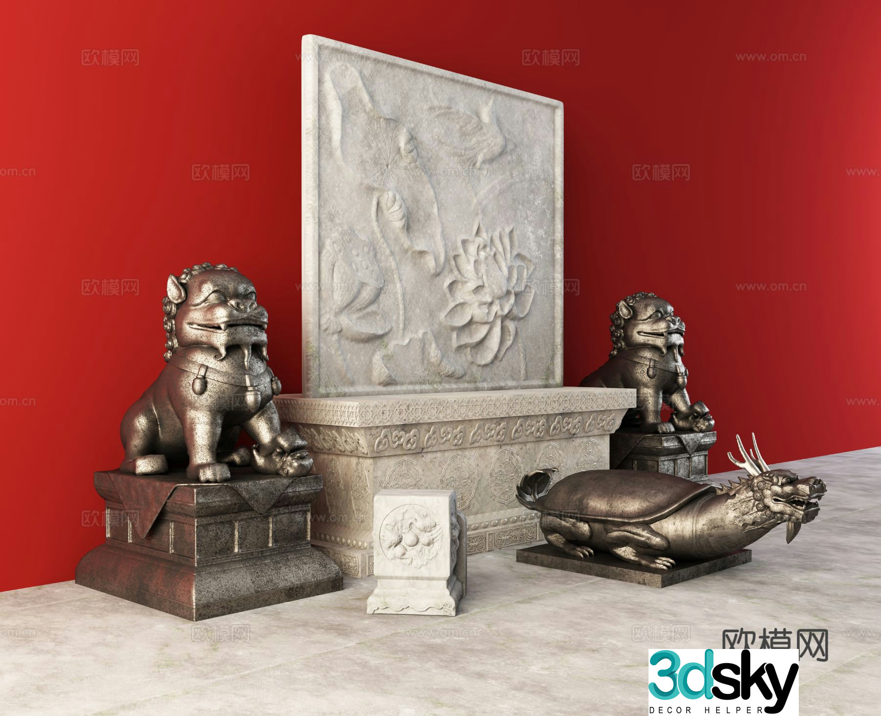 New Chinese-style sculpture lion sculpture dragon head turtle sculpture 3D model