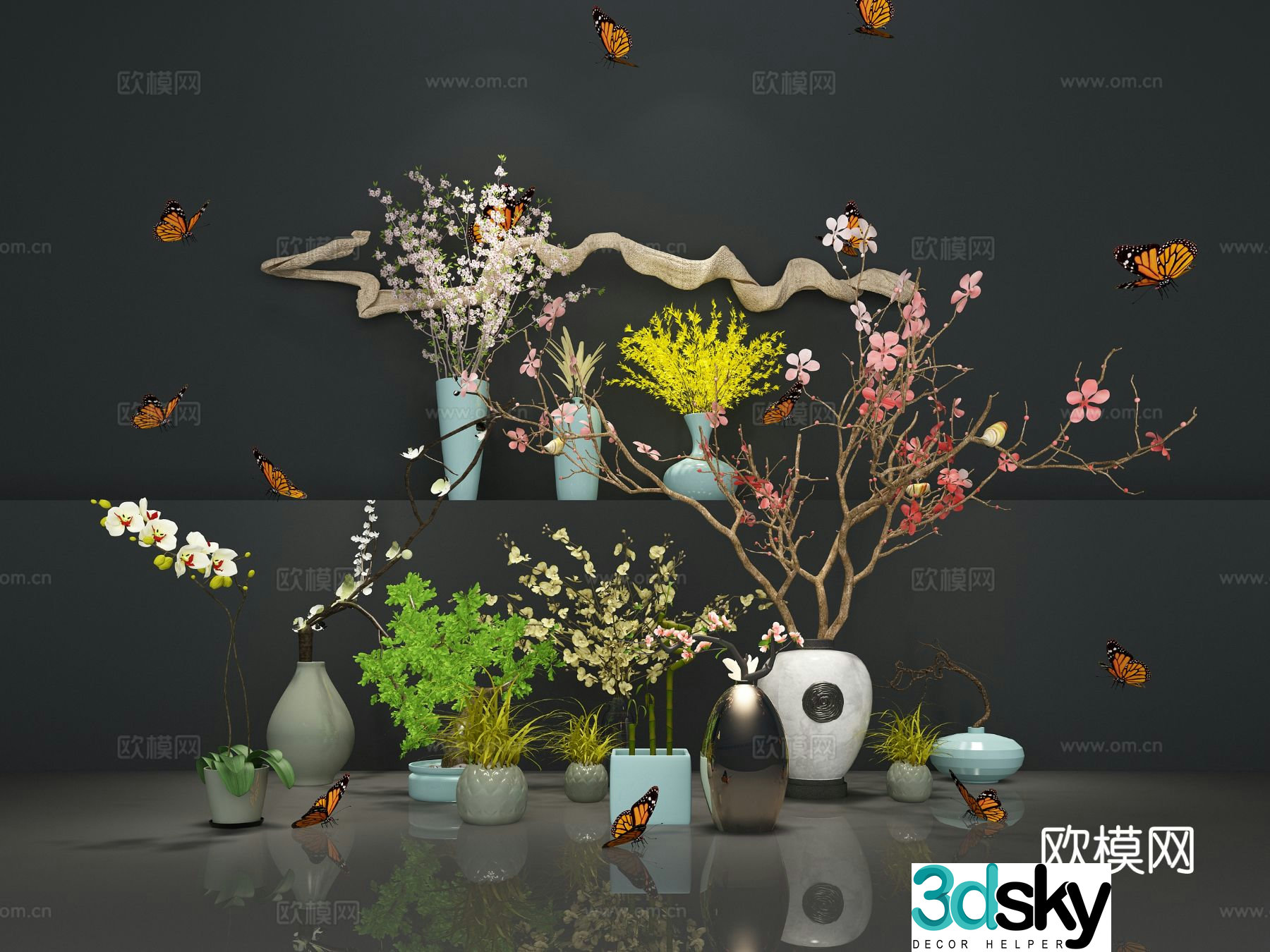 New Chinese flower arrangement vase dead branches display butterfly 3d model