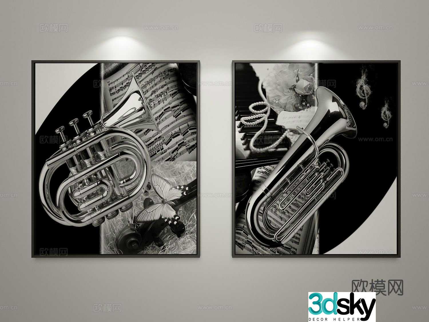 New Chinese style decorative painting photo painting musical instrument hanging painting 3D model