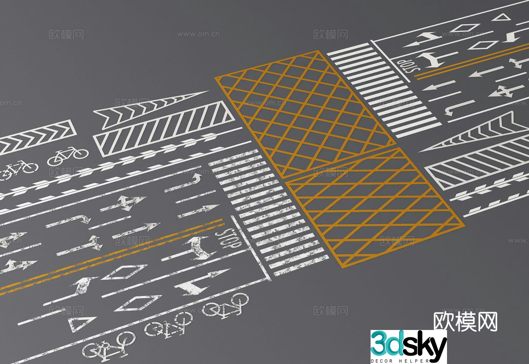 Municipal road signs, sign lines, zebra crossing arrows 3D model
