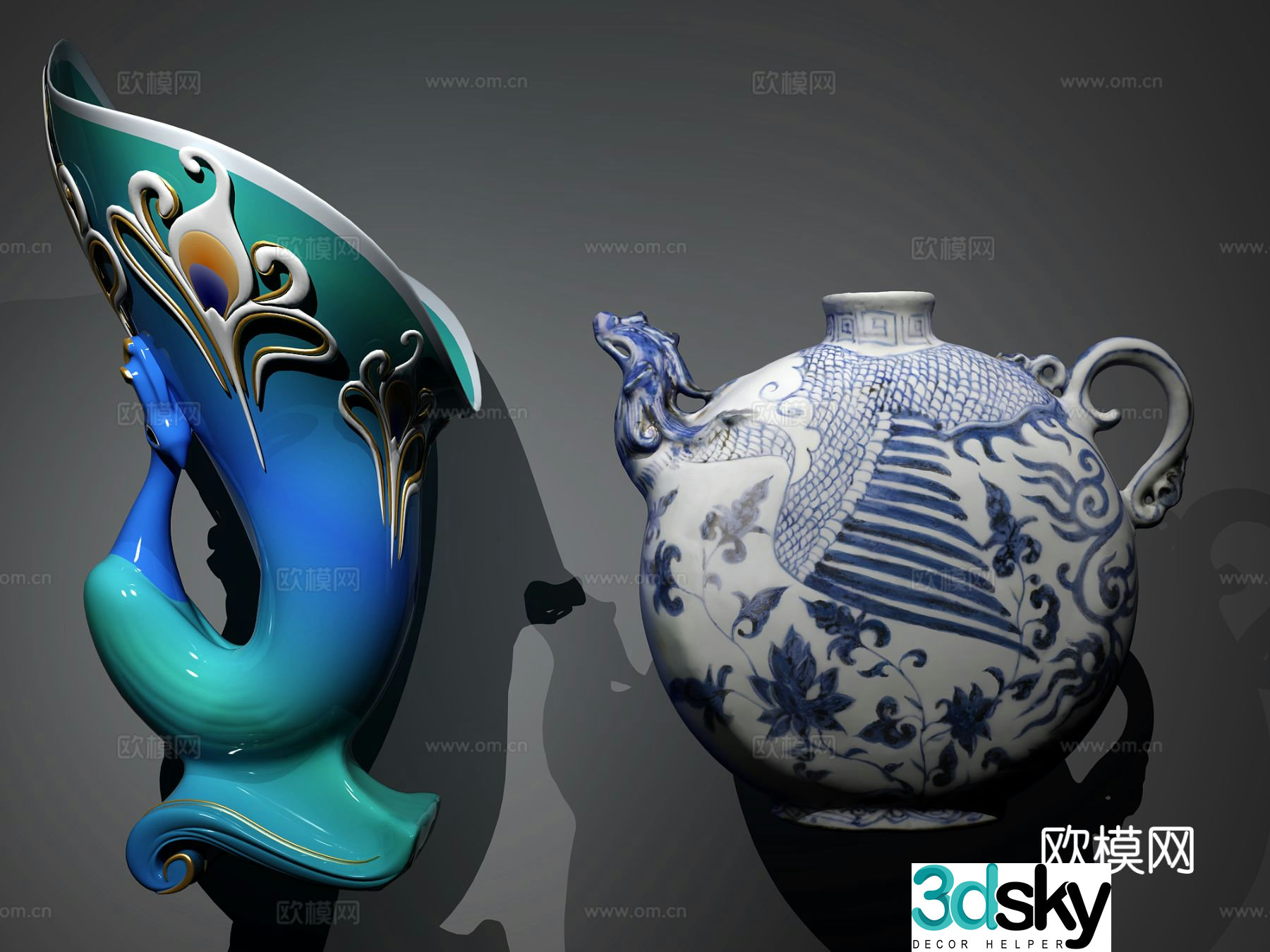 New Chinese style peacock vase blue and white phoenix head flat pot 3D model