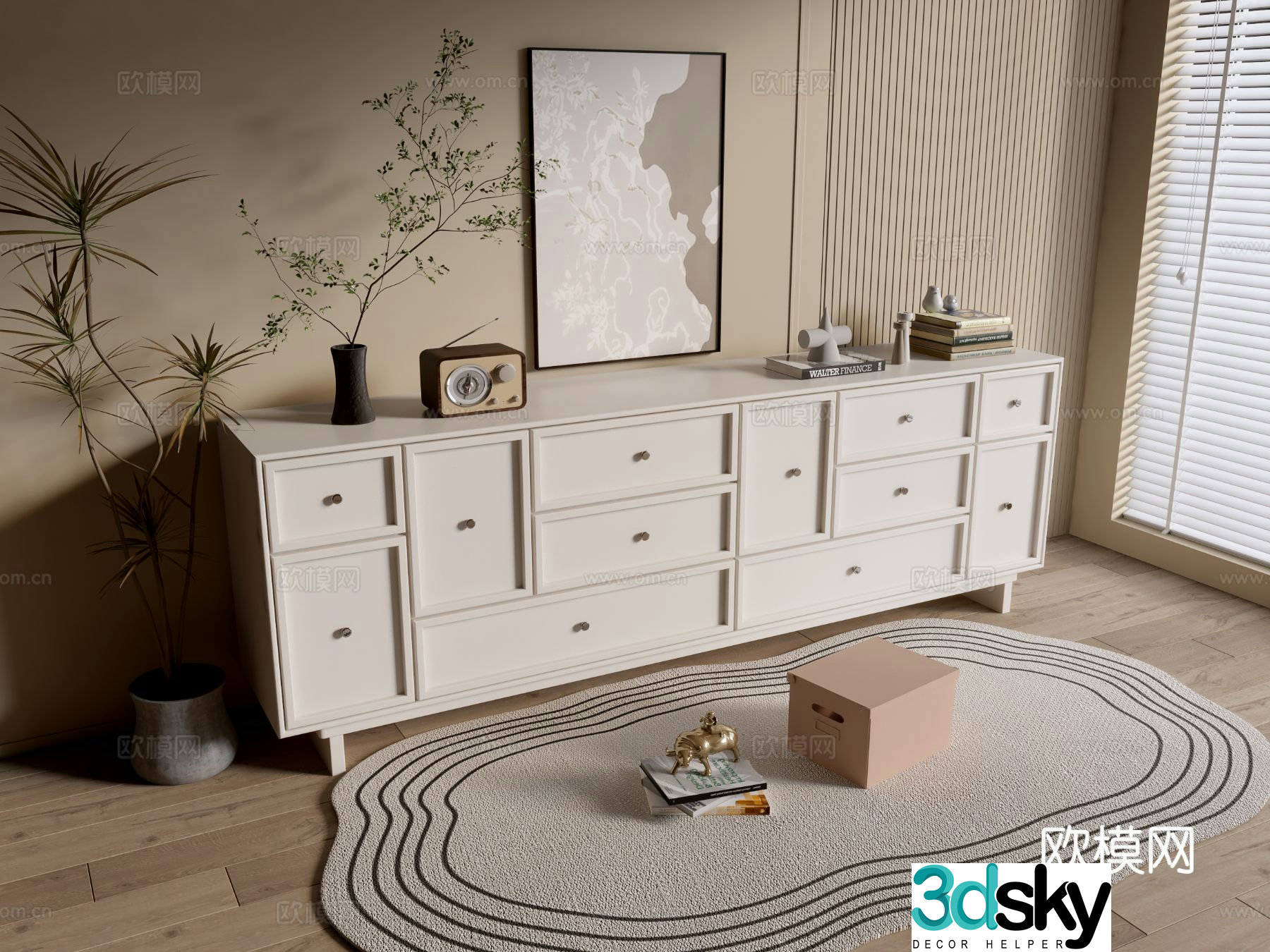 Cream style chest of drawers side cabinet 3d model