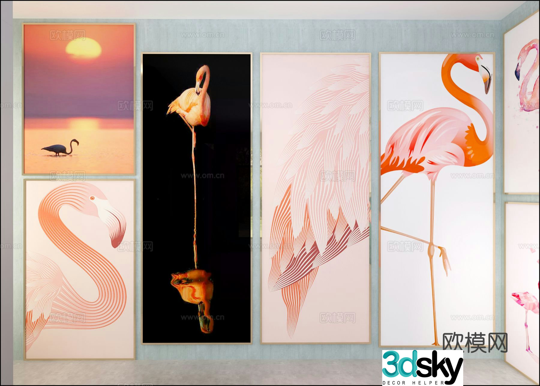 Modern decorative painting combination painting flamingo hanging painting 3d model