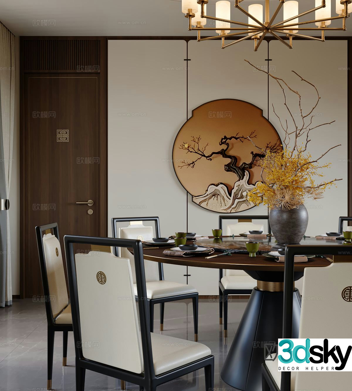 New Chinese dining table and chairs 3d model