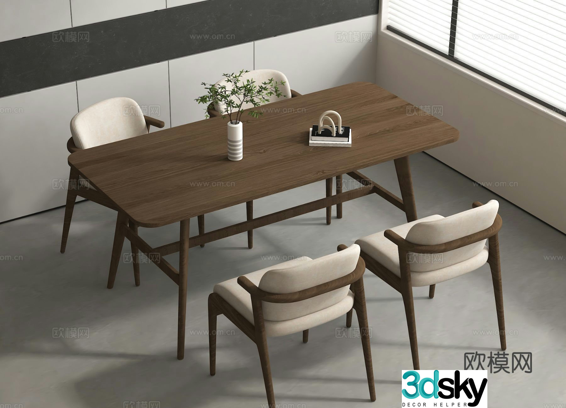 Nordic dining table and chairs strip dining table 3d model
