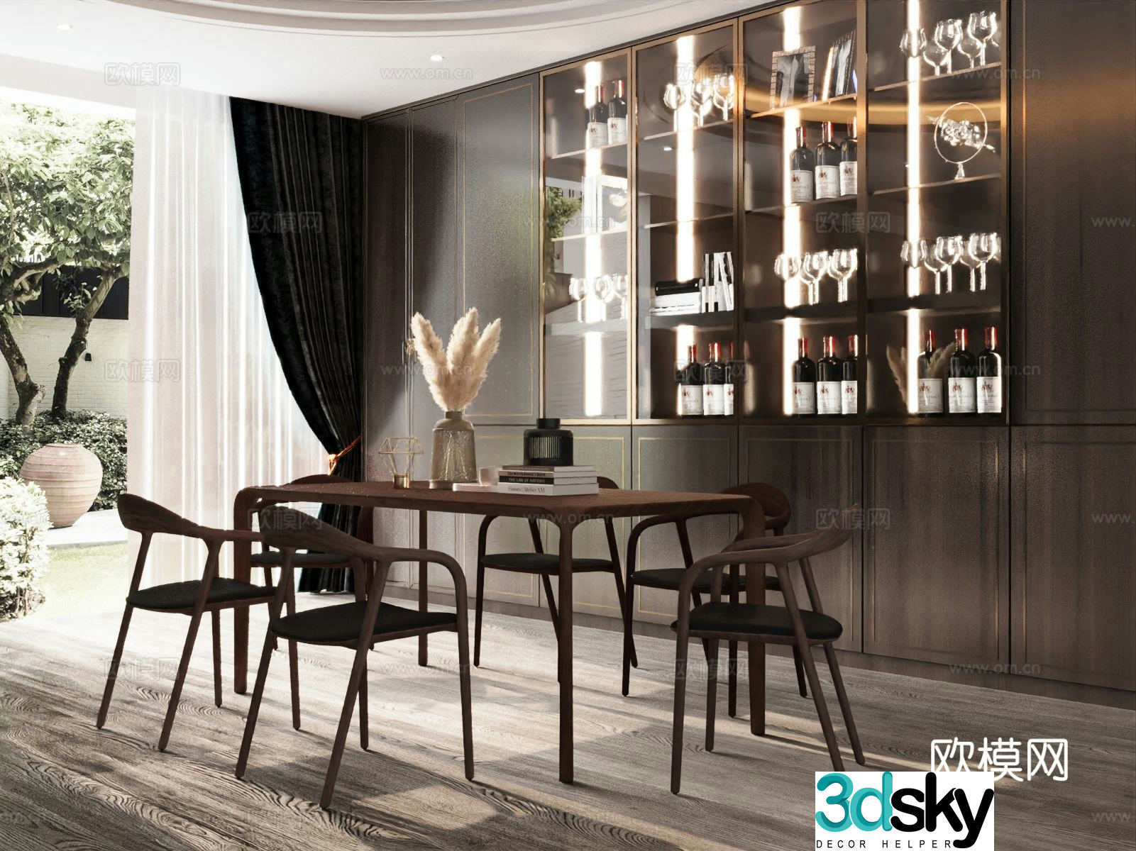 Nordic dining table and chairs strip dining table 3d model