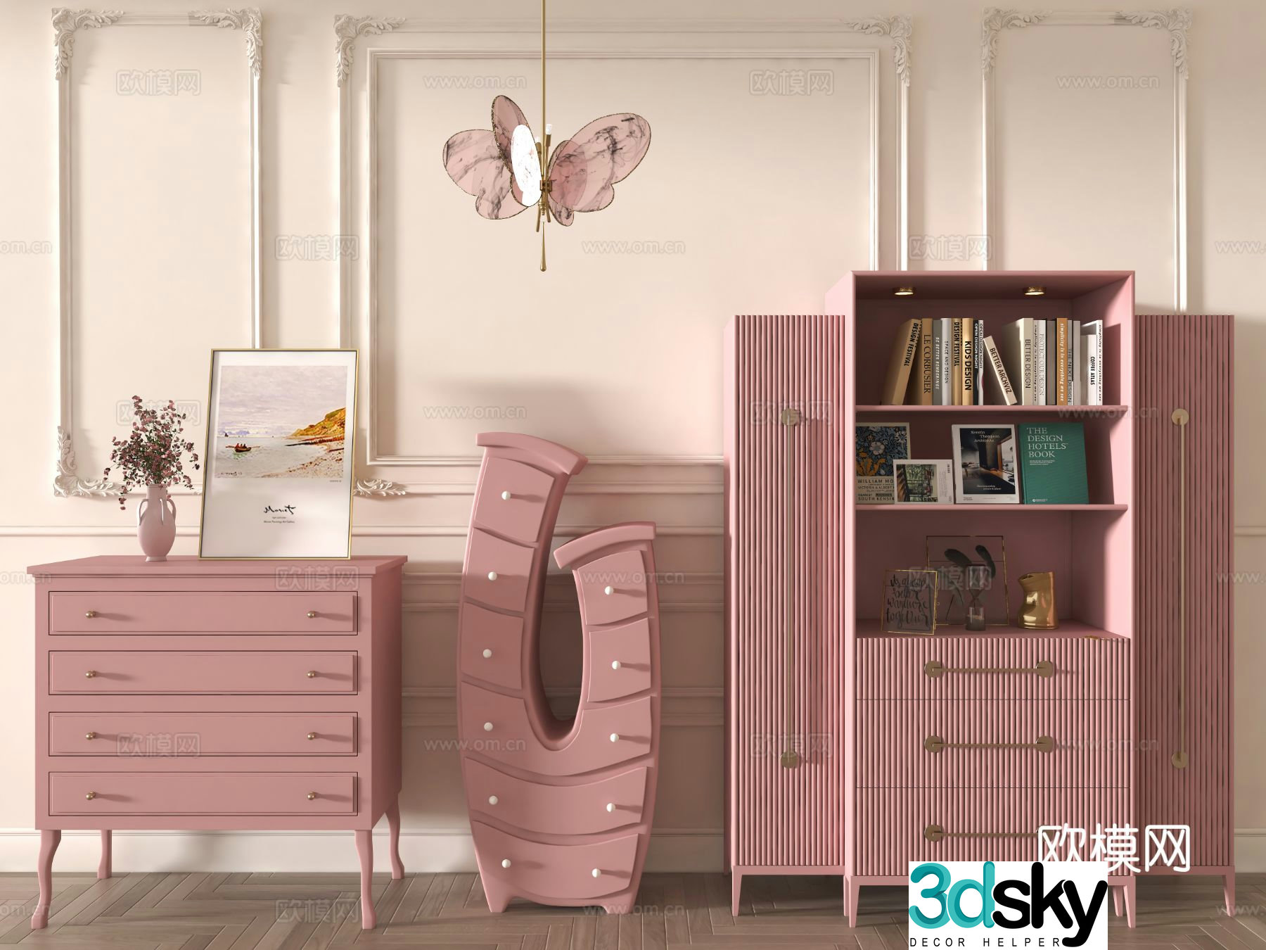Cream style chest of drawers side cabinet 3d model